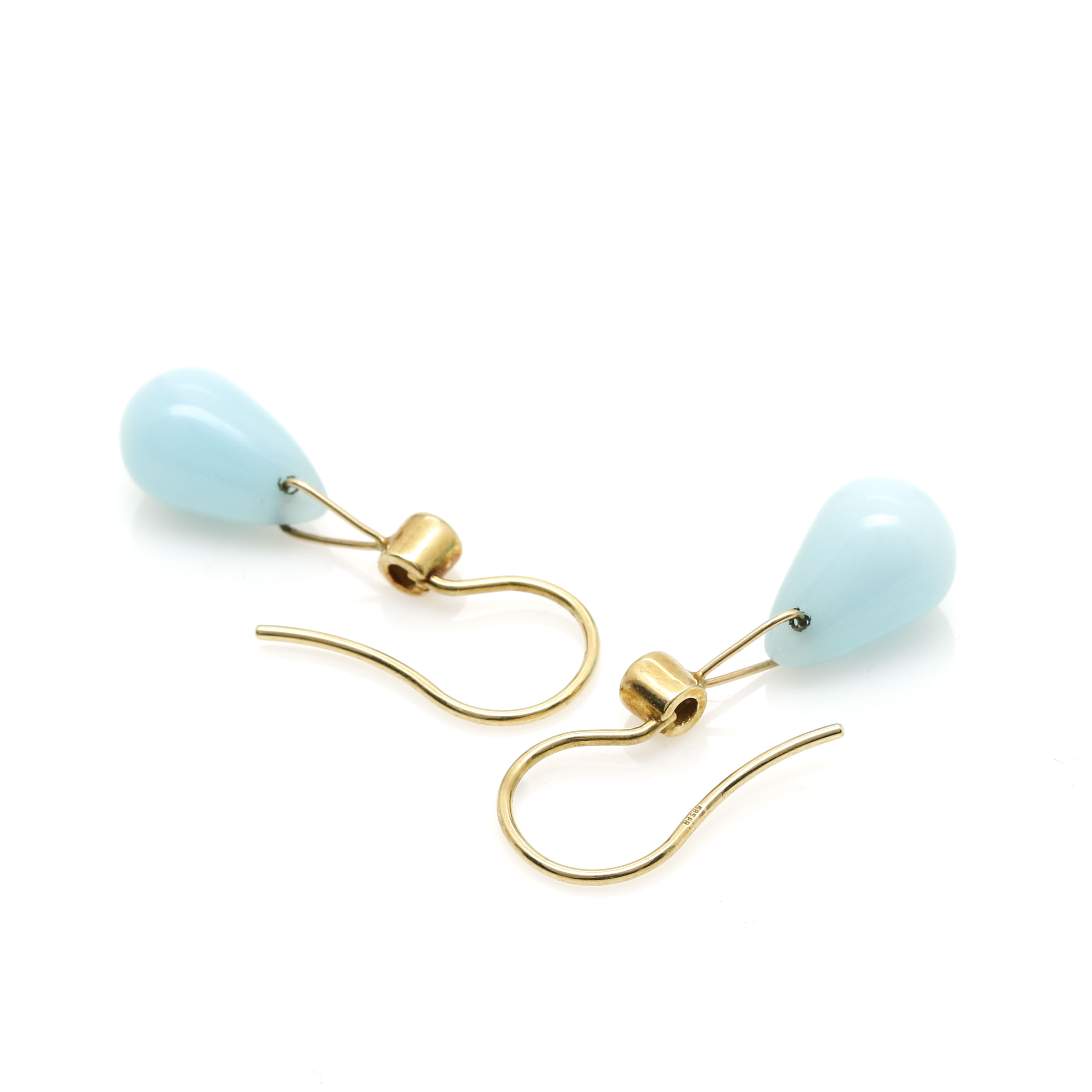 14K Yellow Gold Diamond and Blue Glass Drop Earrings