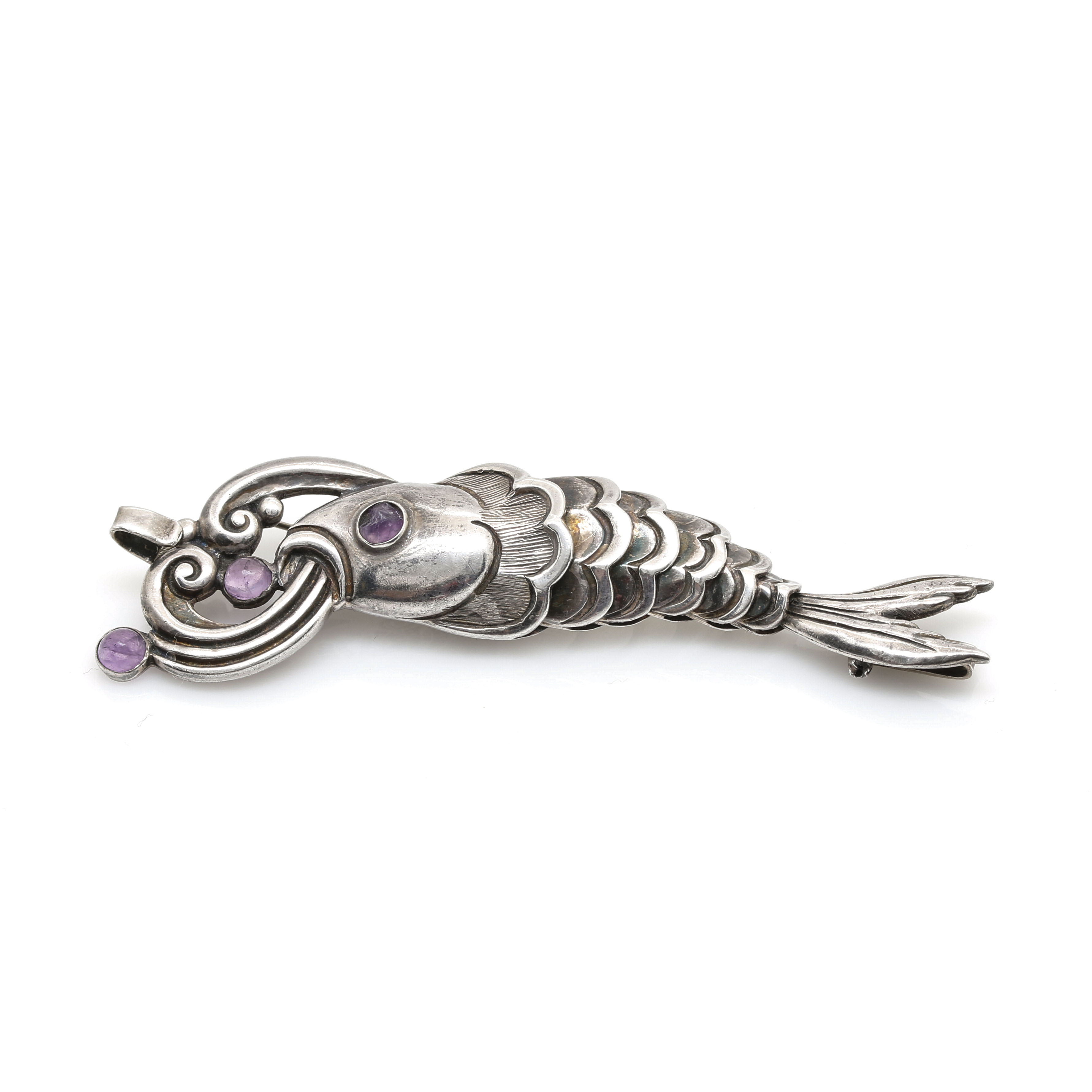 Vintage Margot De Taxco Sterling Silver Amethyst Fish Converter Brooch