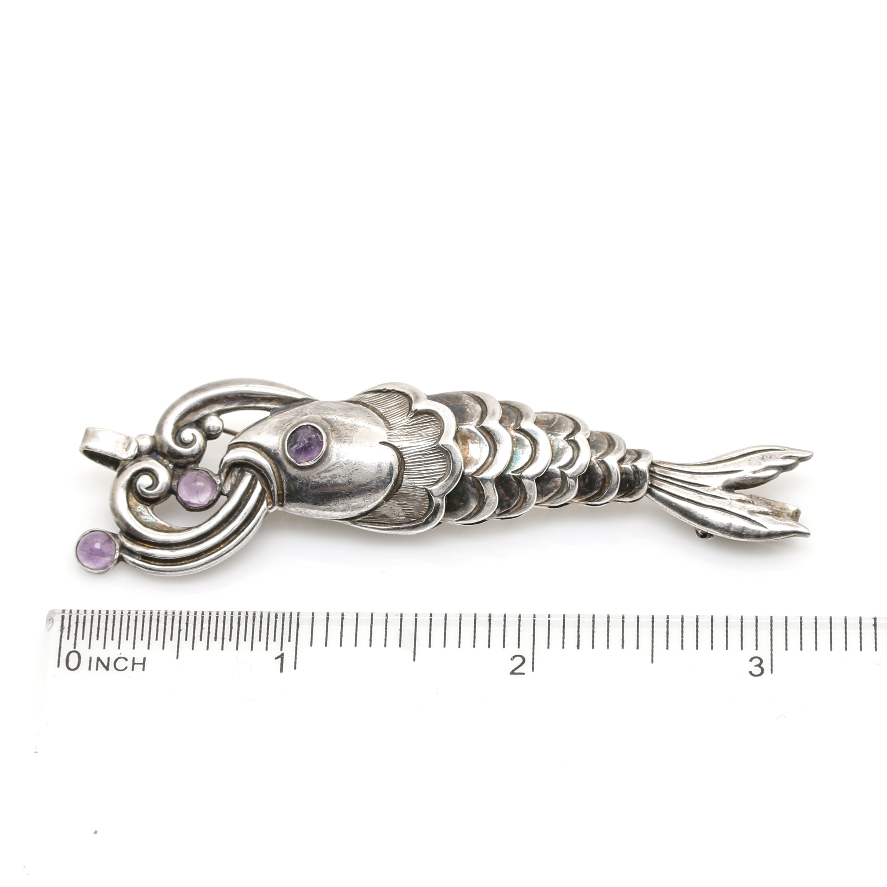 Vintage Margot De Taxco Sterling Silver Amethyst Fish Converter Brooch