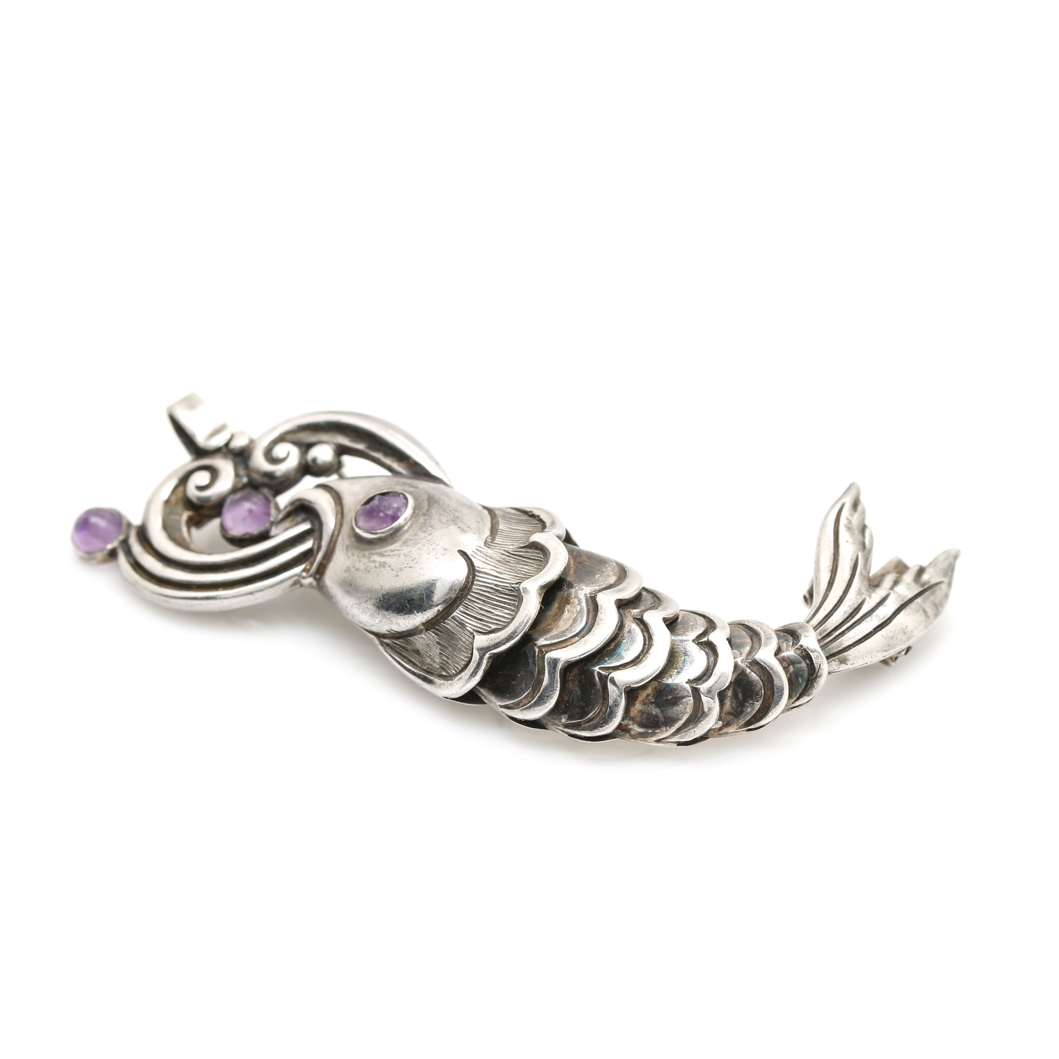 Vintage Margot De Taxco Sterling Silver Amethyst Fish Converter Brooch