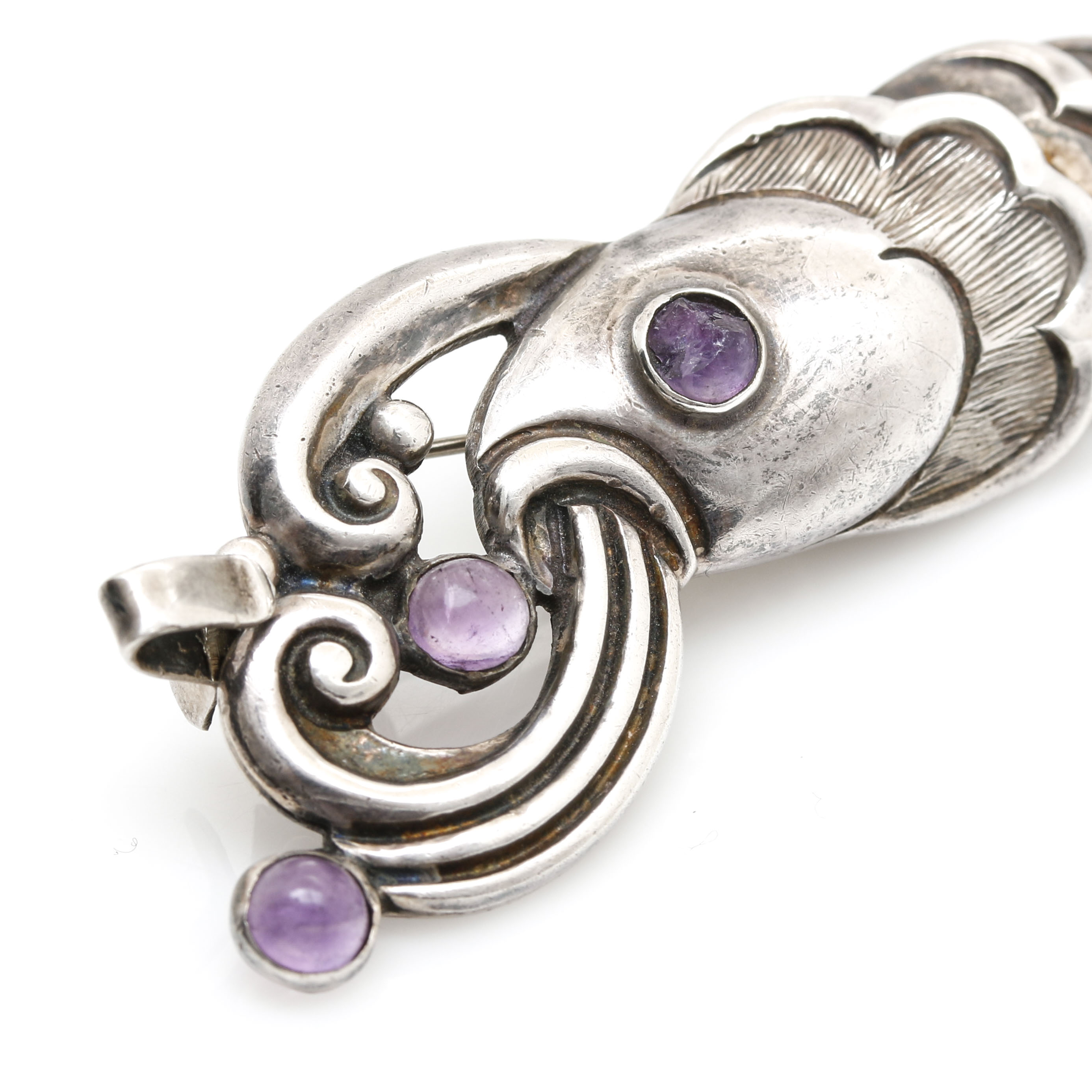 Vintage Margot De Taxco Sterling Silver Amethyst Fish Converter Brooch