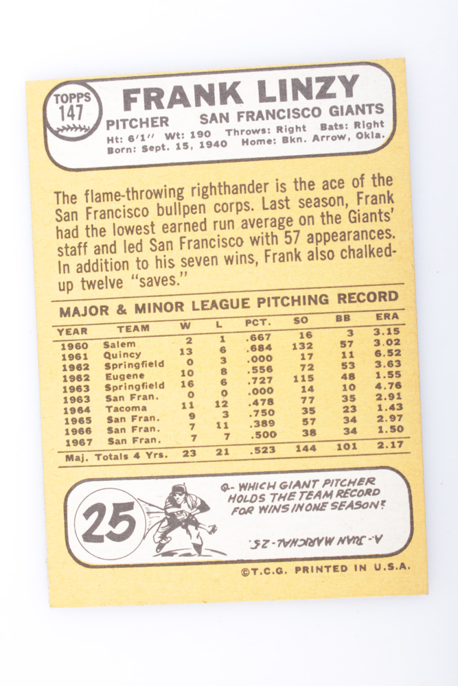 1968 Frank Linzy Baseball Card