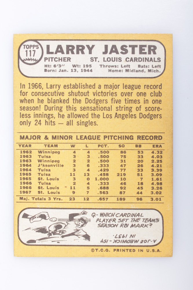1968 Larry Jaster Baseball Card