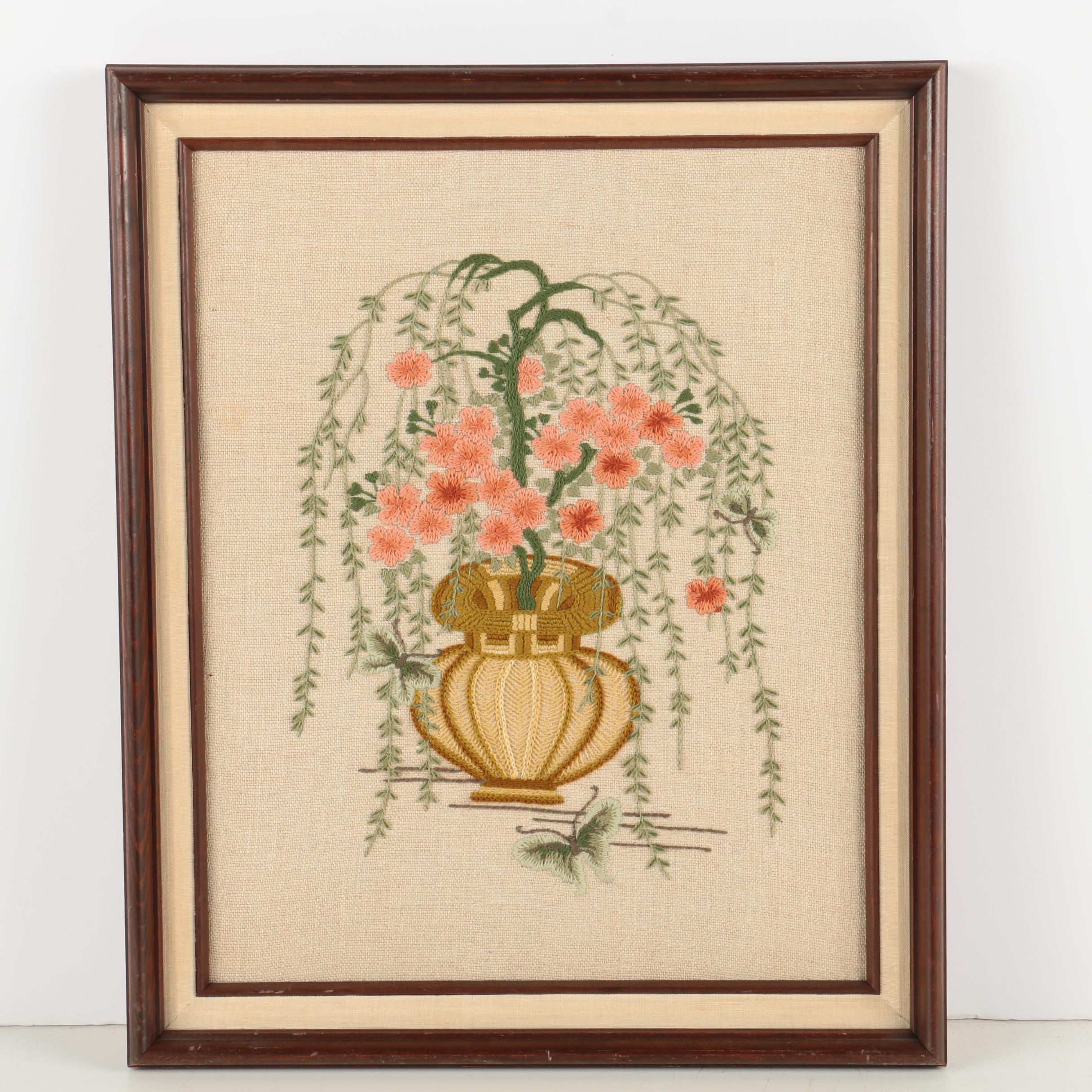 Crewel Embroidery of a Blossoming Weeping Cherry