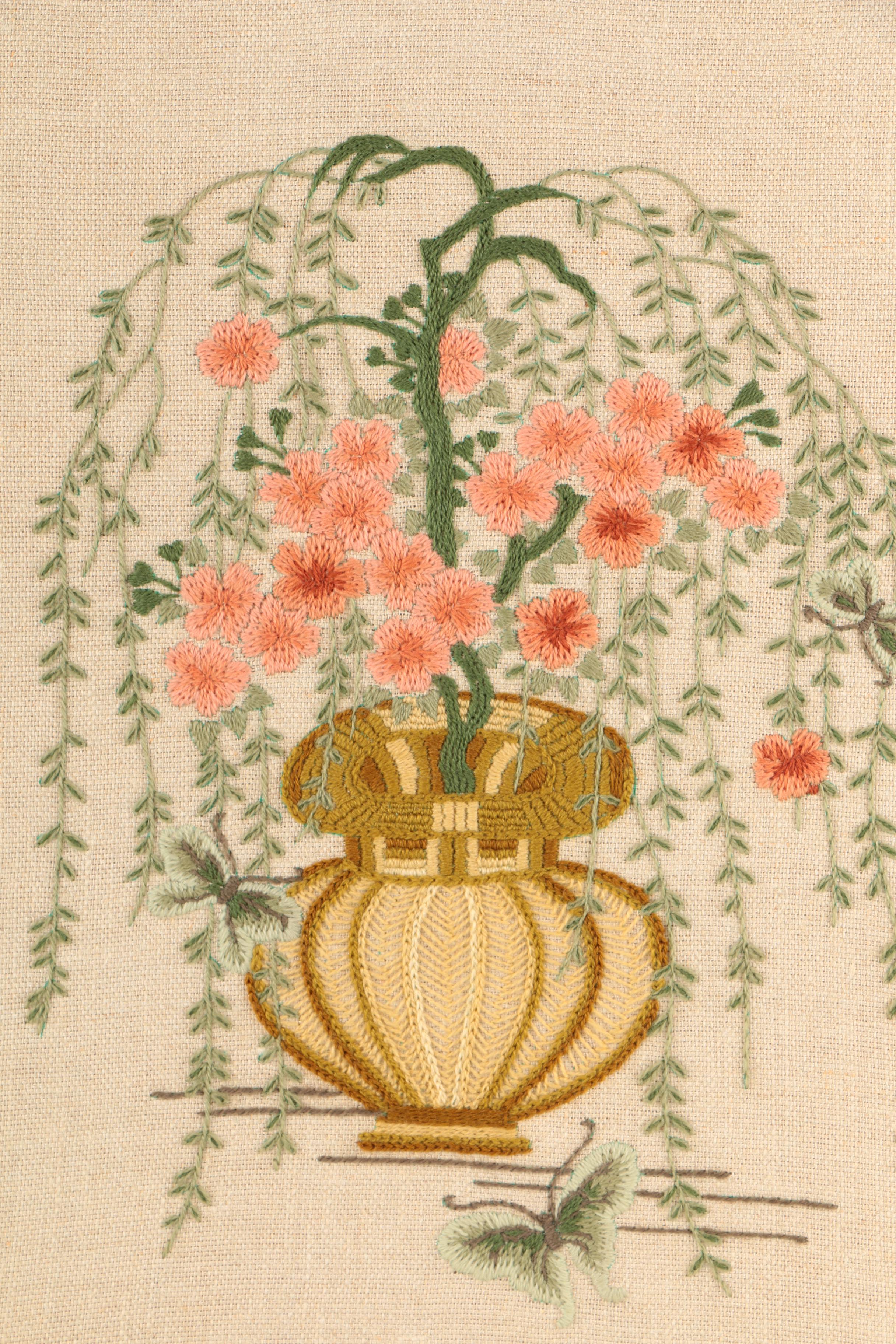 Crewel Embroidery of a Blossoming Weeping Cherry