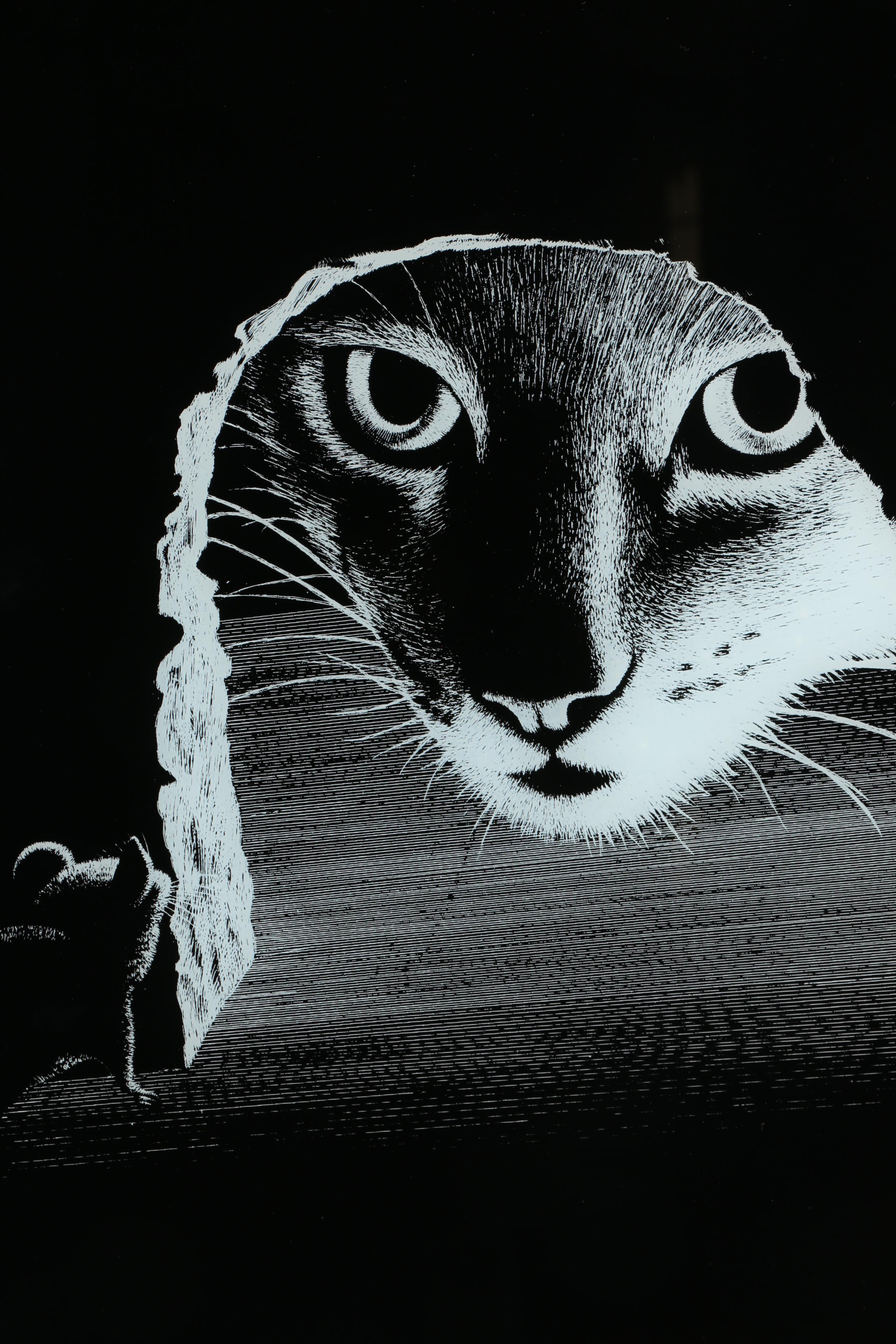 Rudy Droguett Scratch Board-Style Lithograph "Cat and Mouse"