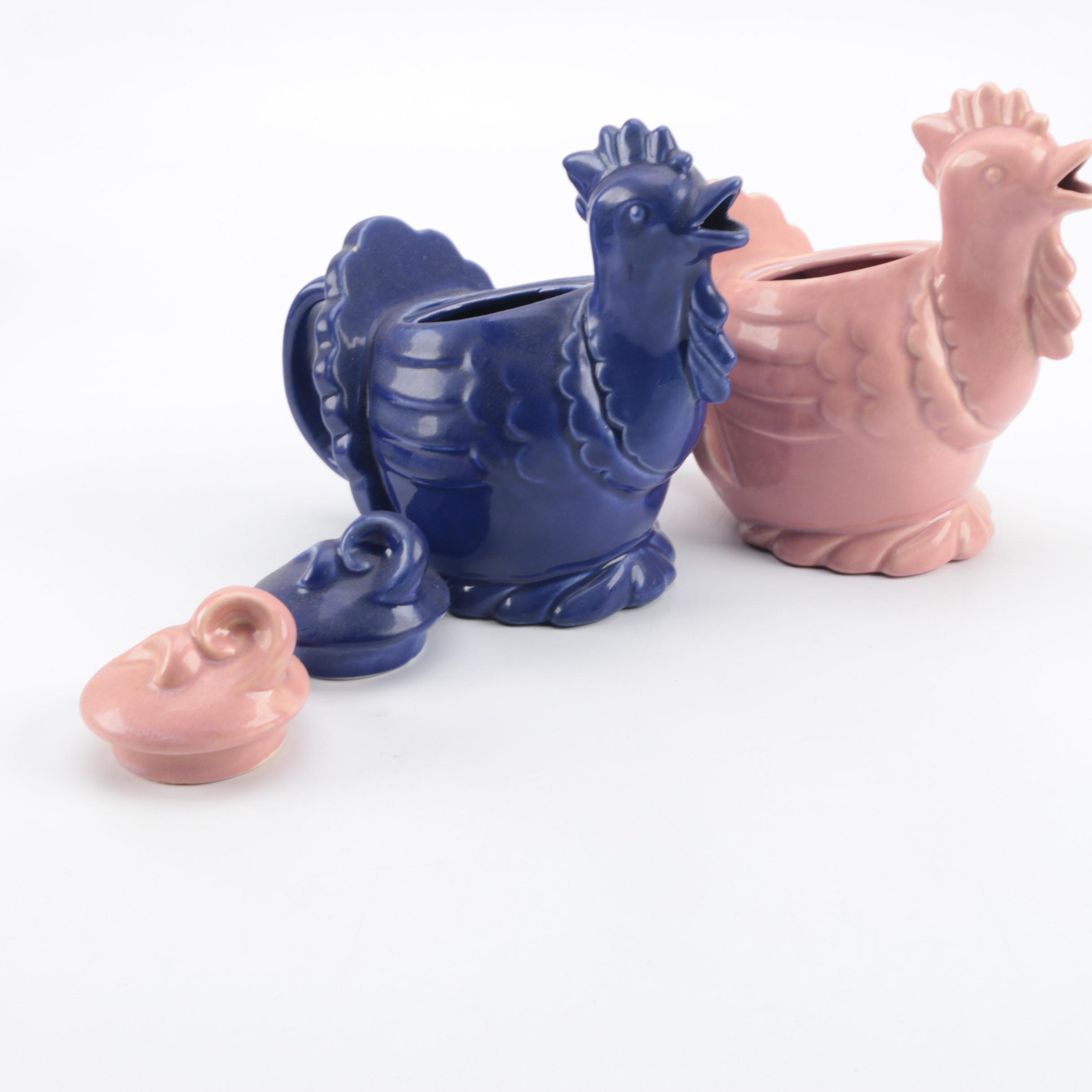 Vintage Red-Wing Pottery Figural Chicken Teapots