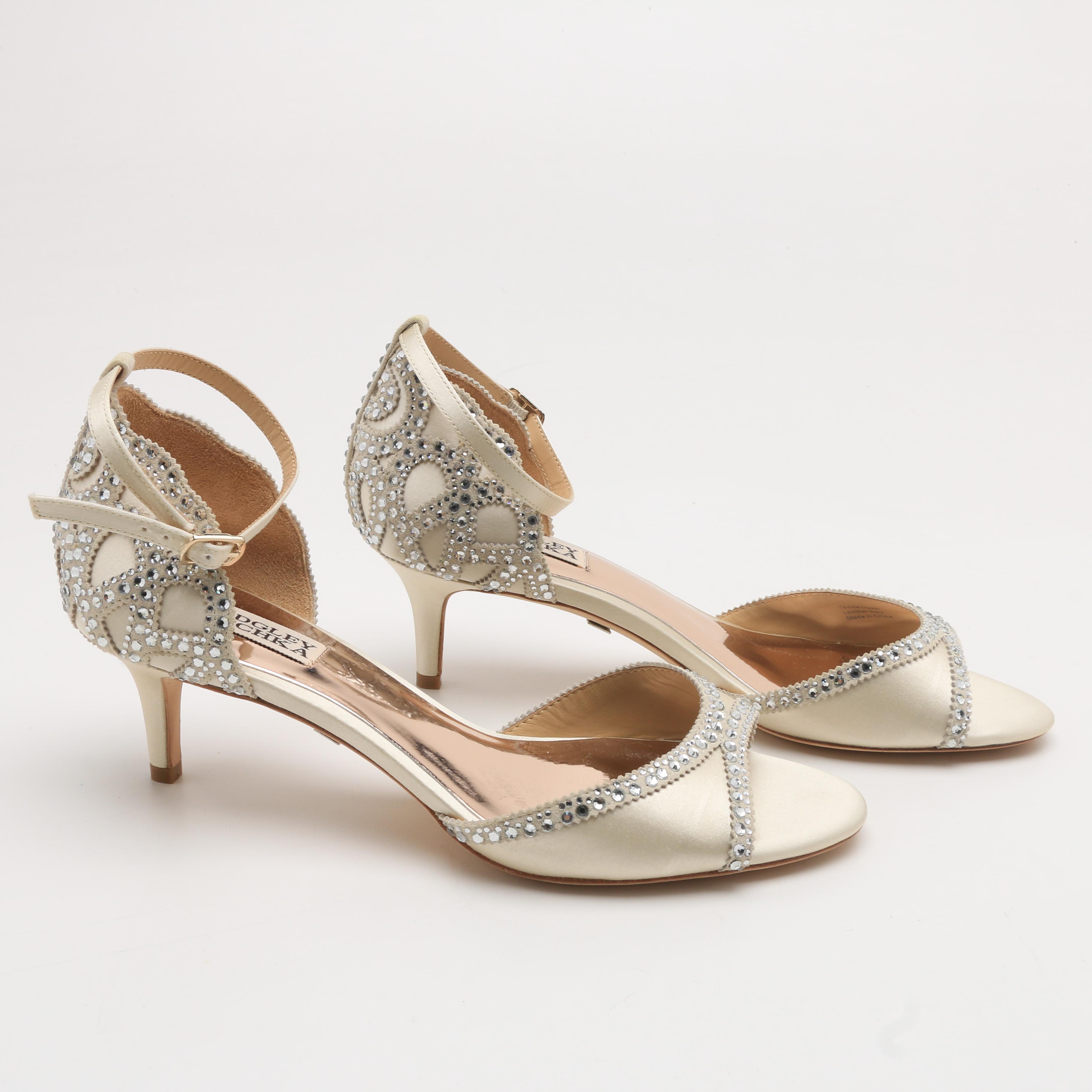 Badgley Mischka Ivory Satin Kitten Heels with Rhinestone Embellishment