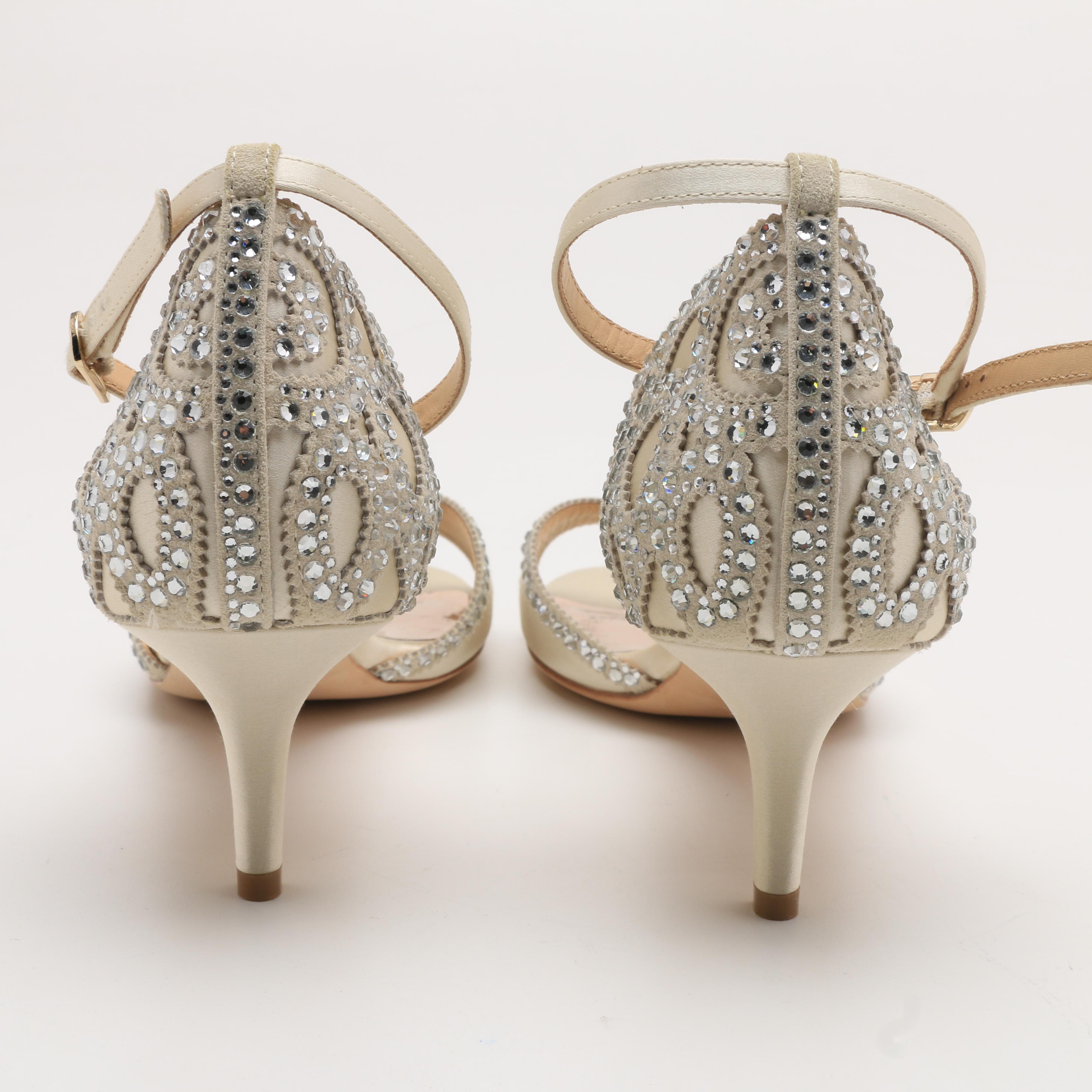 Badgley Mischka Ivory Satin Kitten Heels with Rhinestone Embellishment