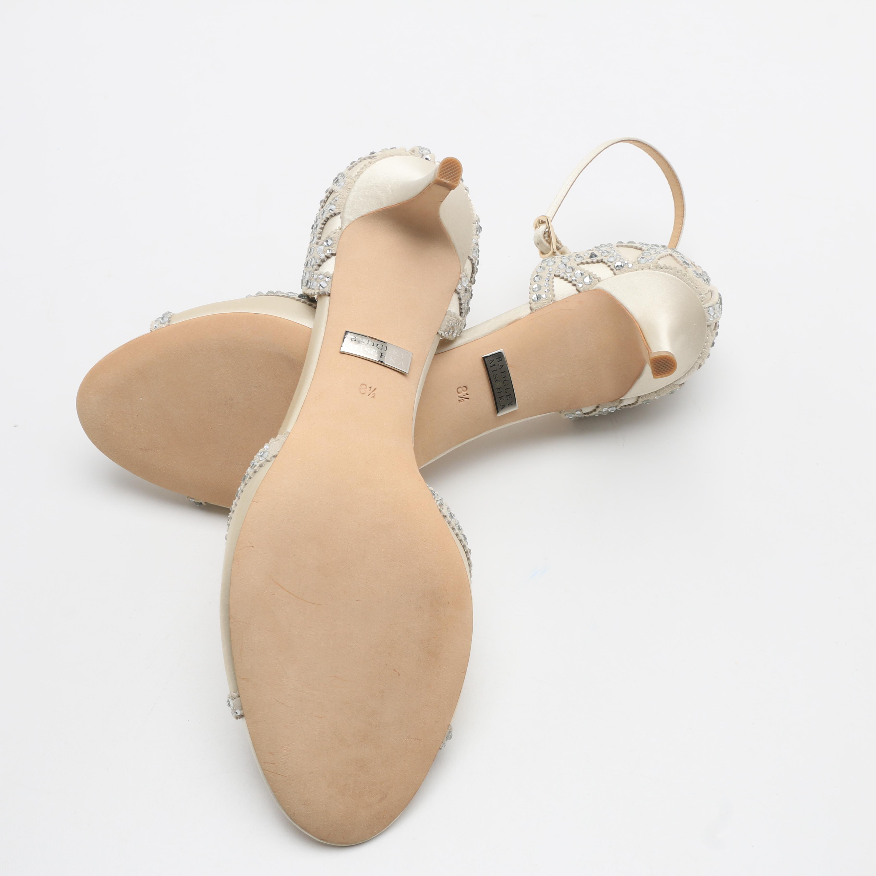 Badgley Mischka Ivory Satin Kitten Heels with Rhinestone Embellishment