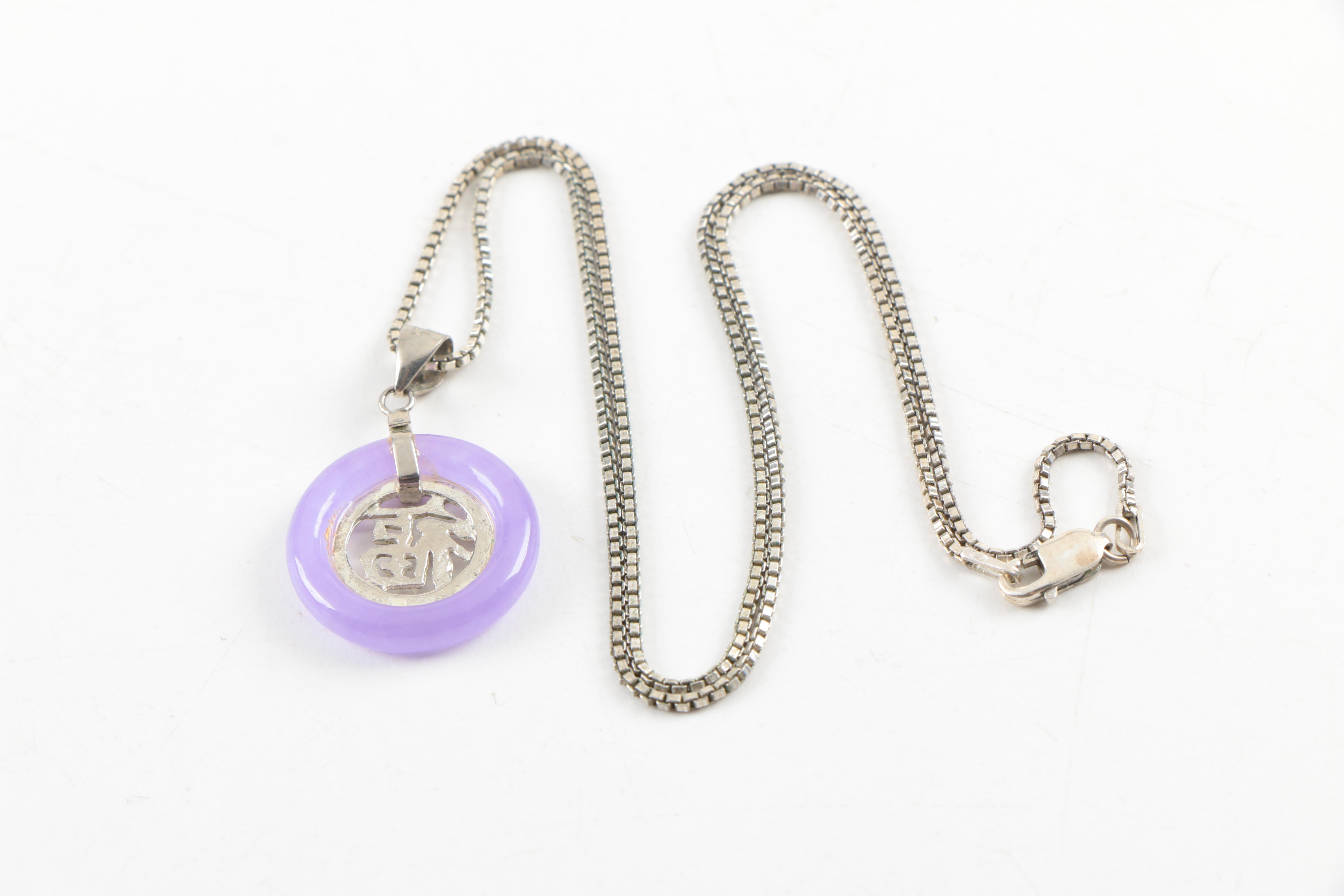 Sterling Silver Jadeite Chinese "Good Fortune" (福) Jewelry and Iolite Necklace