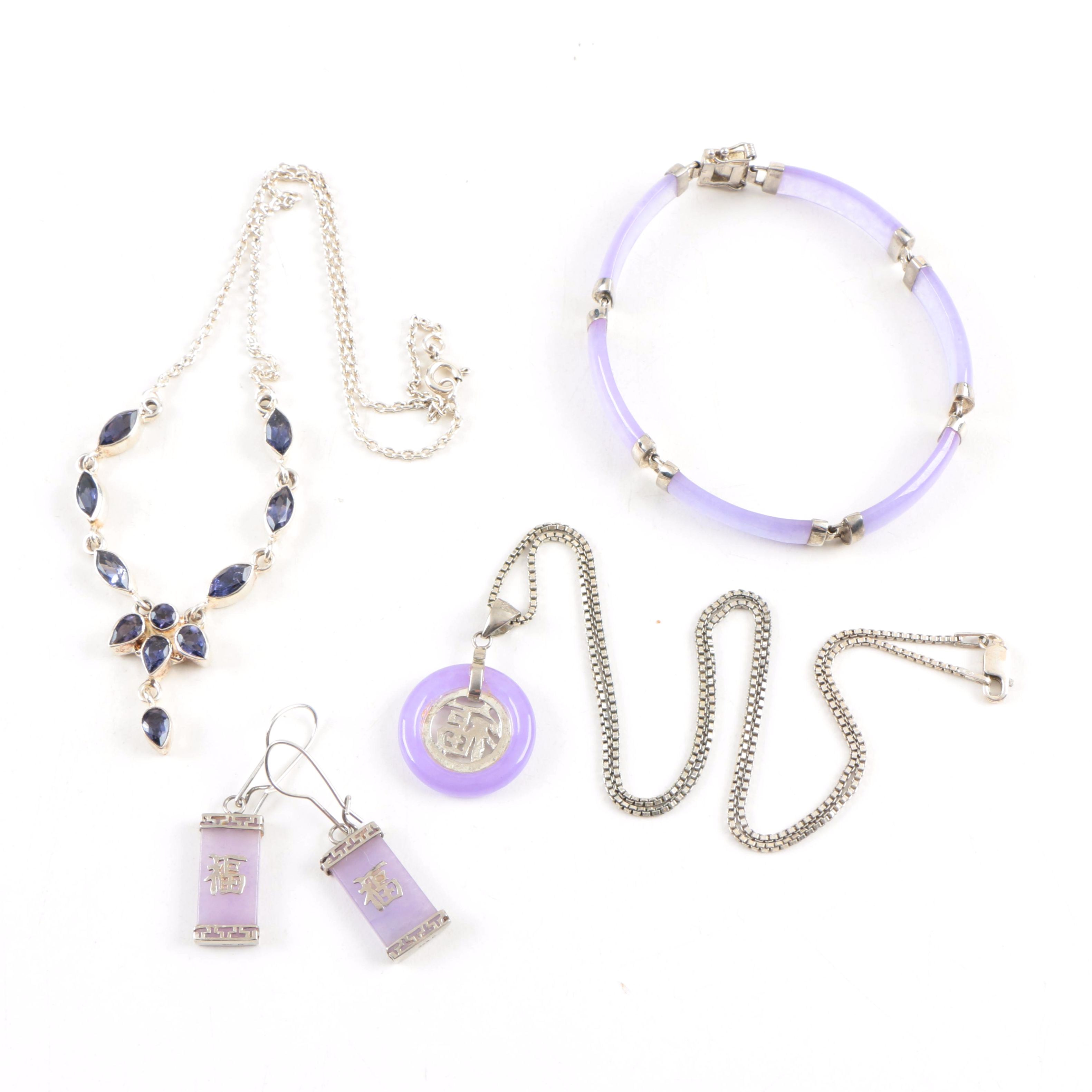 Sterling Silver Jadeite Chinese "Good Fortune" (福) Jewelry and Iolite Necklace