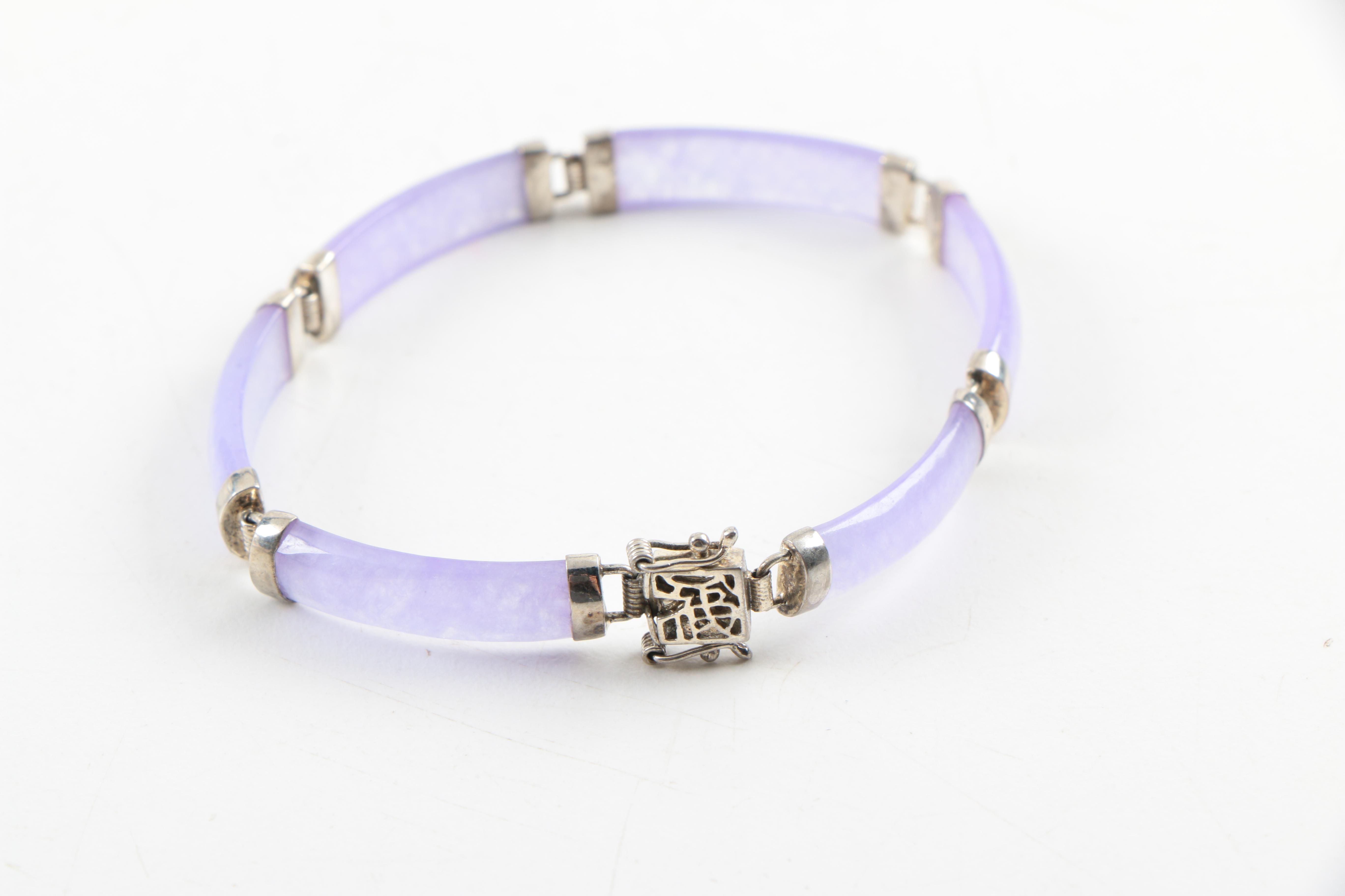 Sterling Silver Jadeite Chinese "Good Fortune" (福) Jewelry and Iolite Necklace