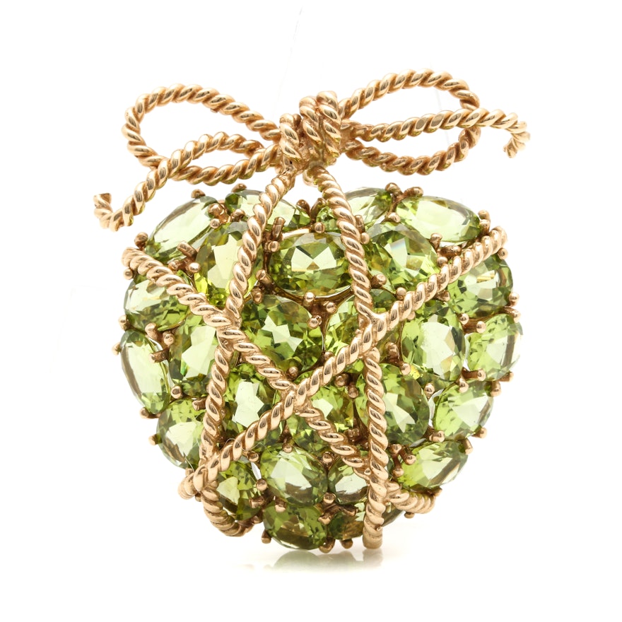 14K Yellow Gold Peridot Knotted Heart Motif Brooch