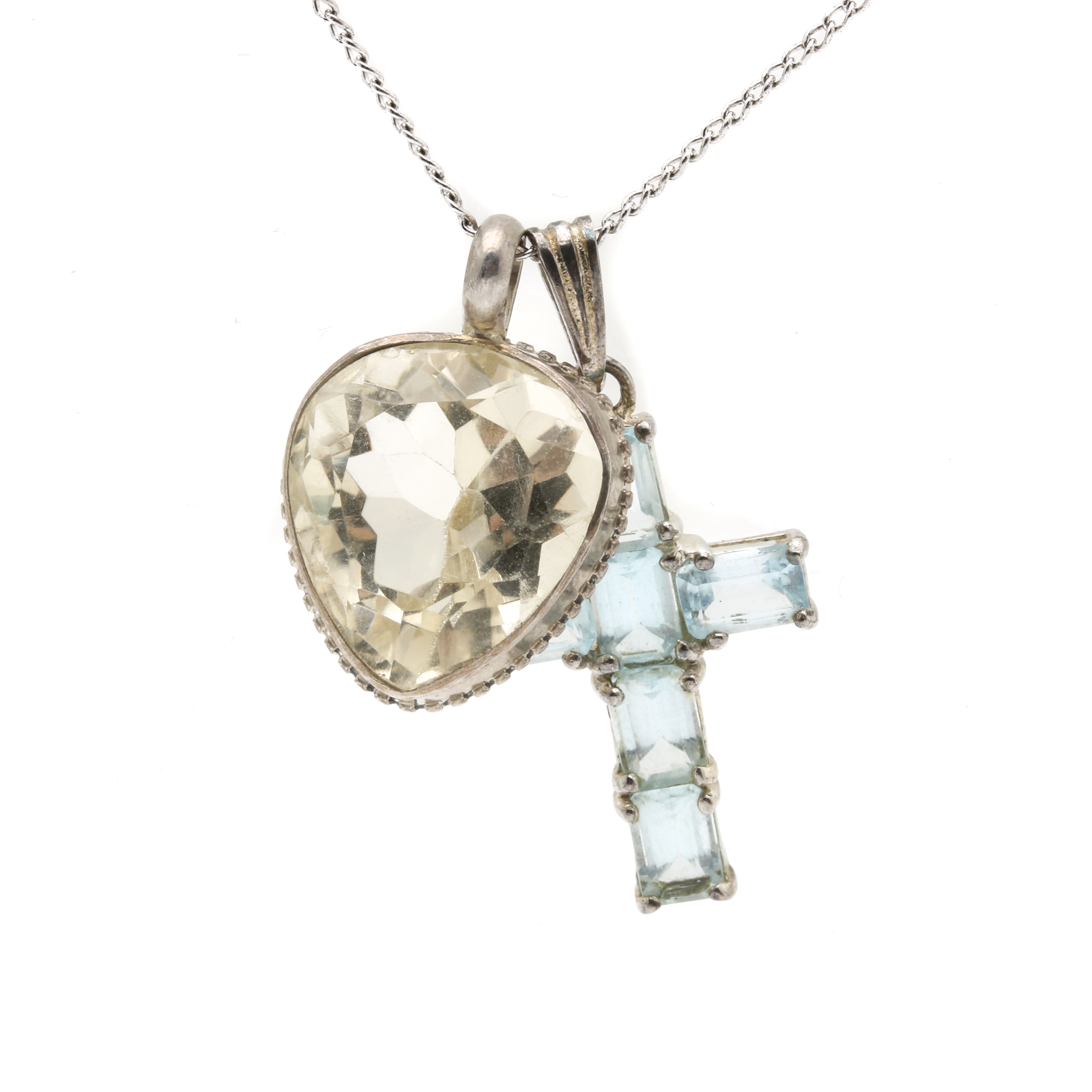 Sterling Silver Citrine Pendant and Blue Topaz Cross Pendant Necklace