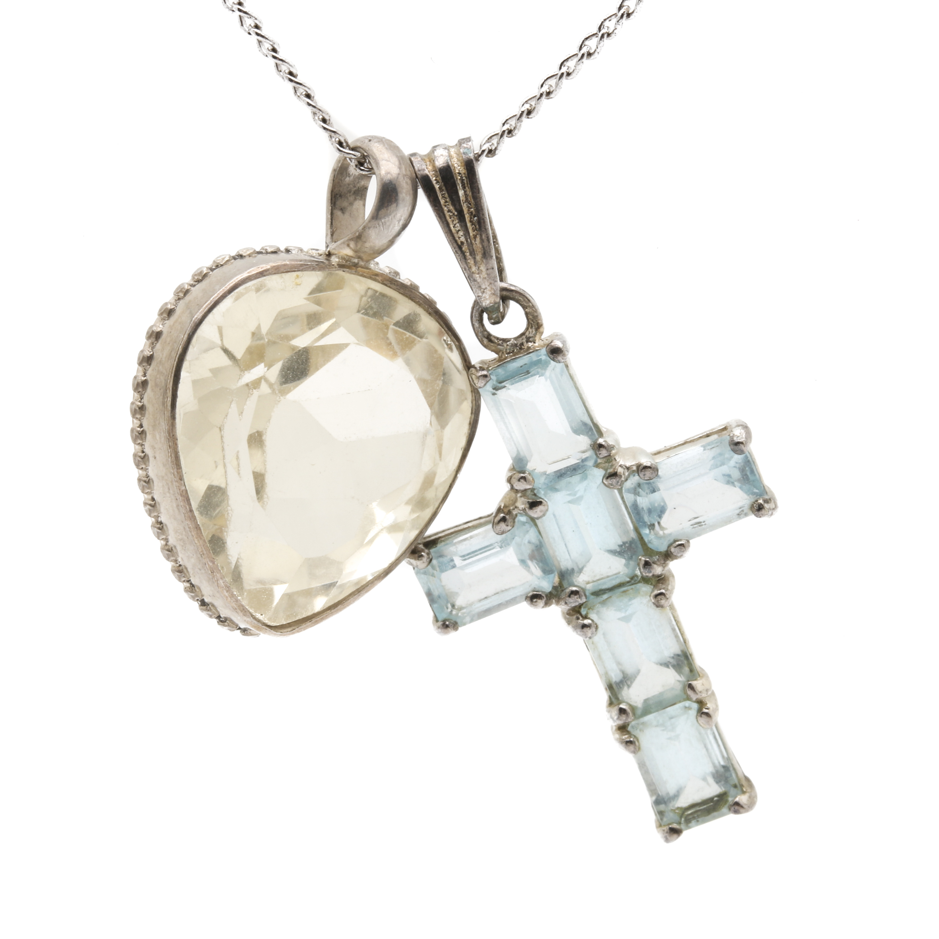 Sterling Silver Citrine Pendant and Blue Topaz Cross Pendant Necklace