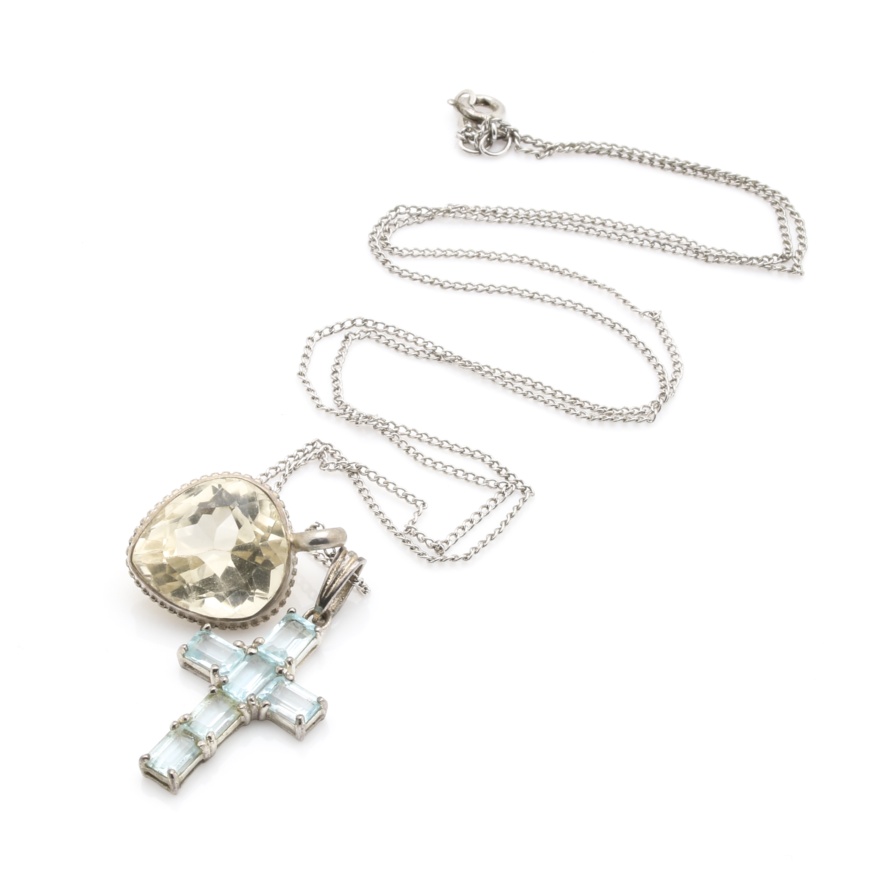 Sterling Silver Citrine Pendant and Blue Topaz Cross Pendant Necklace