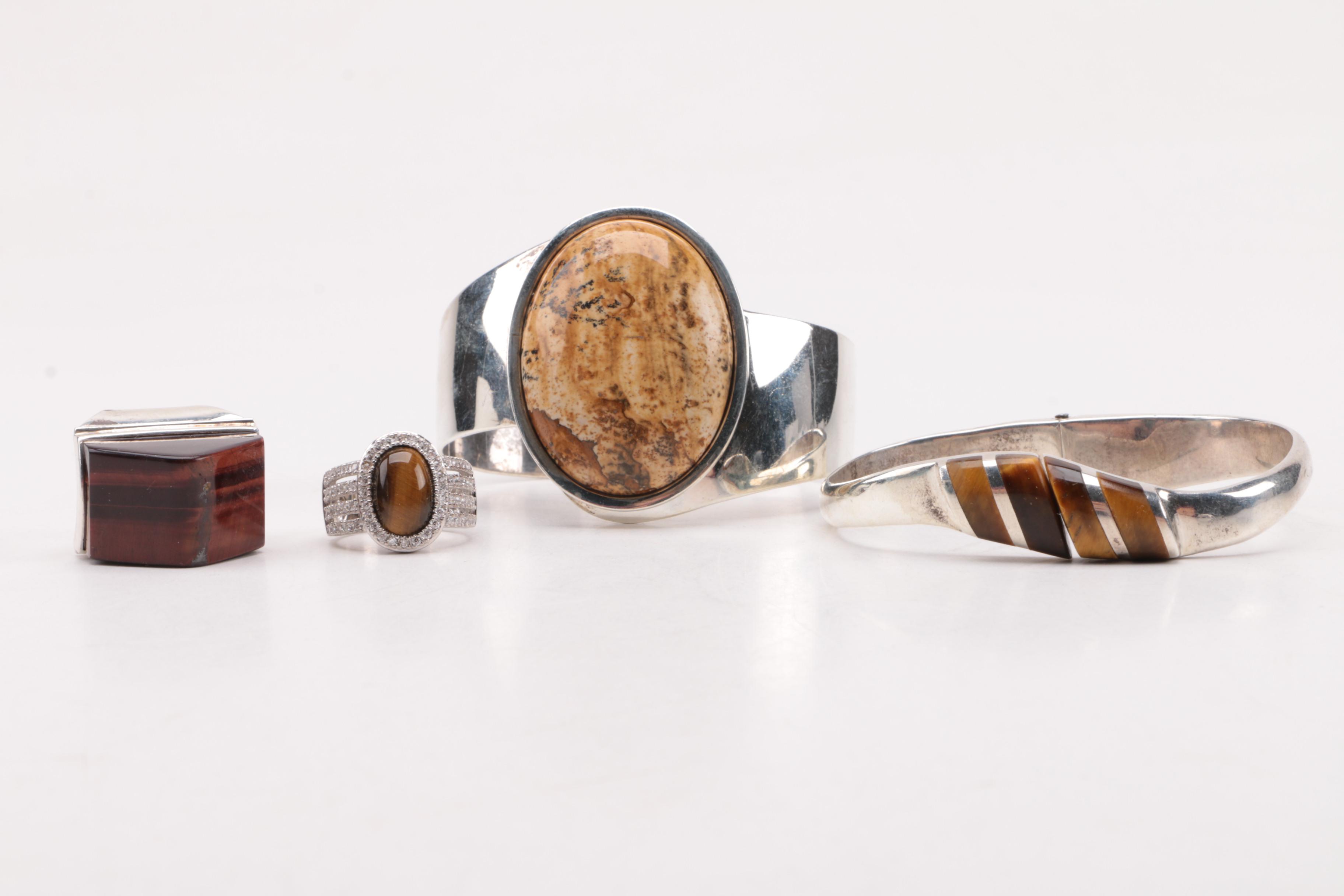 Selection of Sterling Silver Tiger's Eye, Jasper, and Cubic Zirconia Jewelry