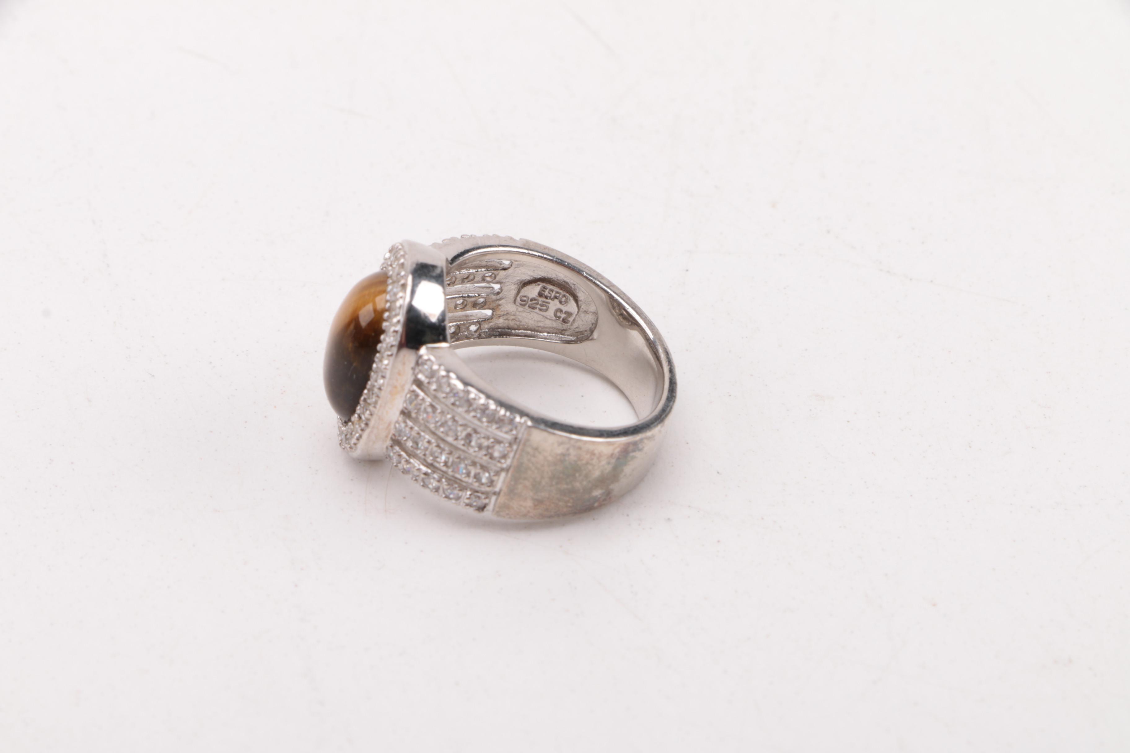 Selection of Sterling Silver Tiger's Eye, Jasper, and Cubic Zirconia Jewelry