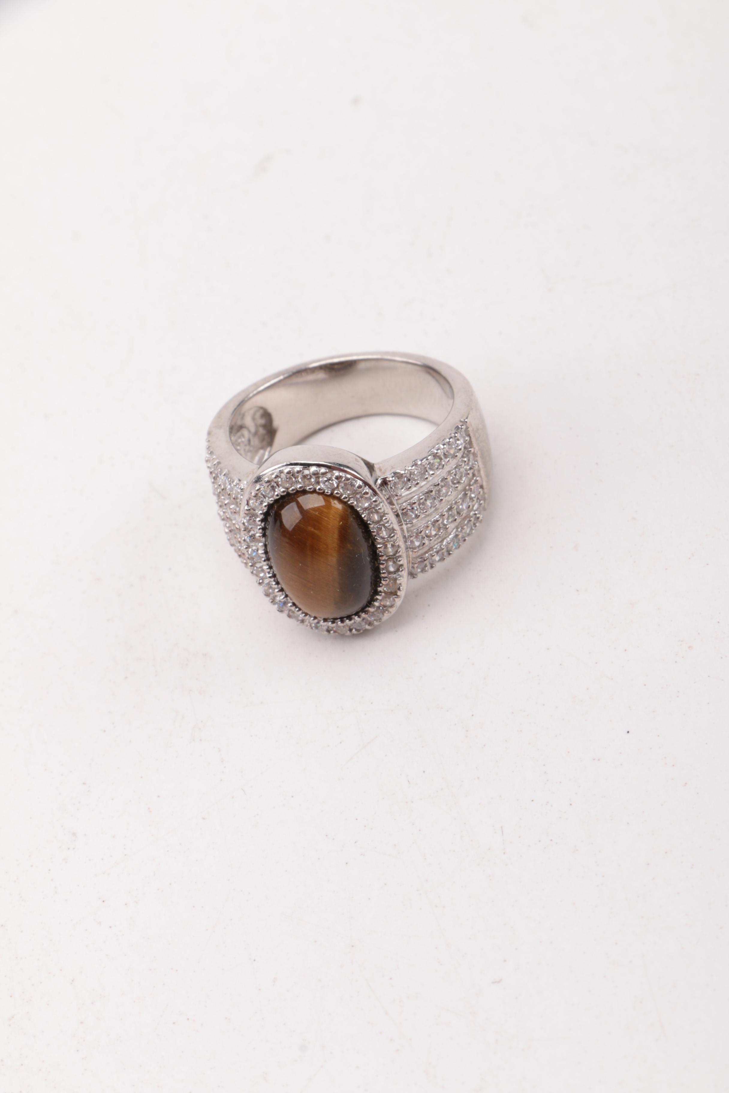 Selection of Sterling Silver Tiger's Eye, Jasper, and Cubic Zirconia Jewelry