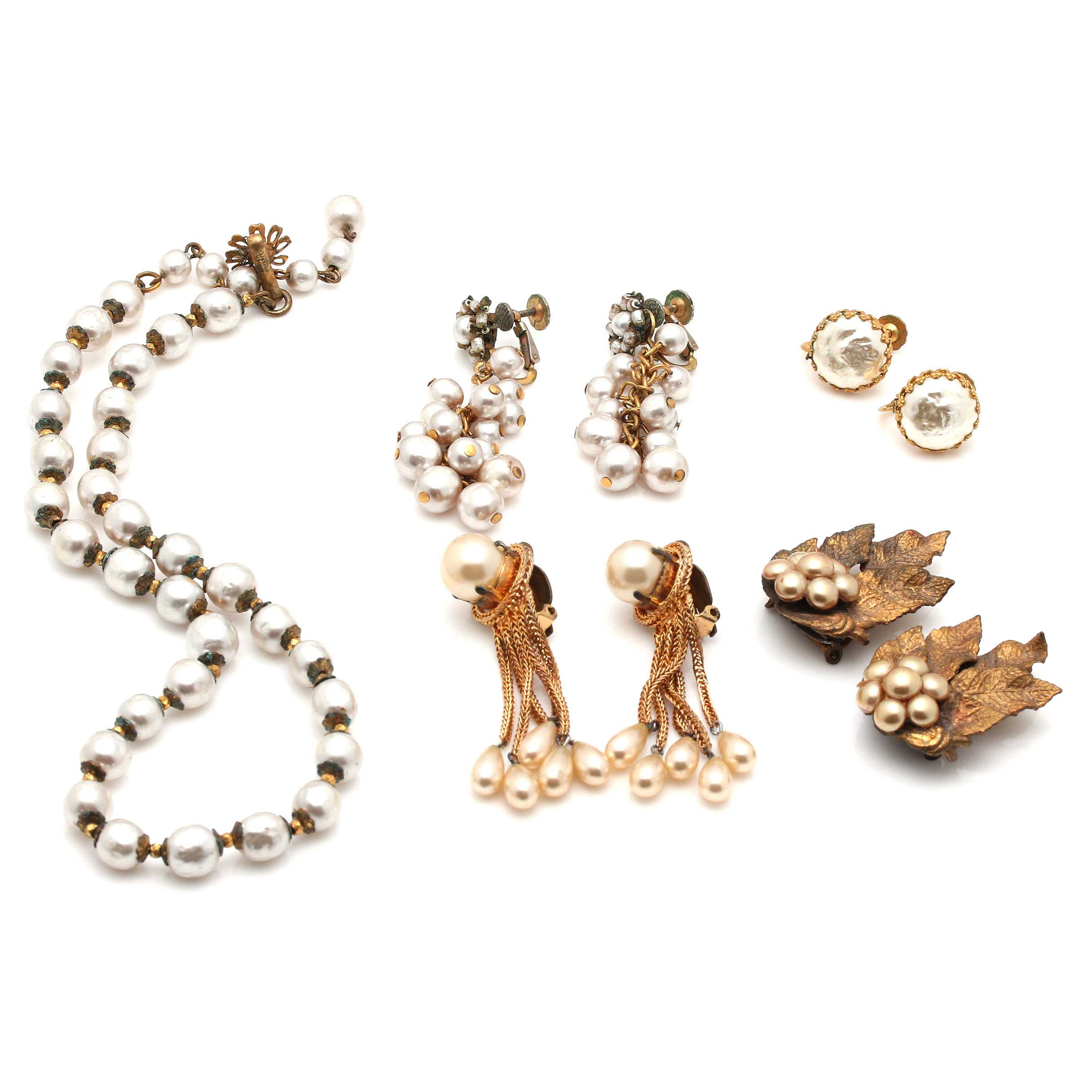 Miriam Haskell Faux Pearl Necklace and Gold Tone Accessories