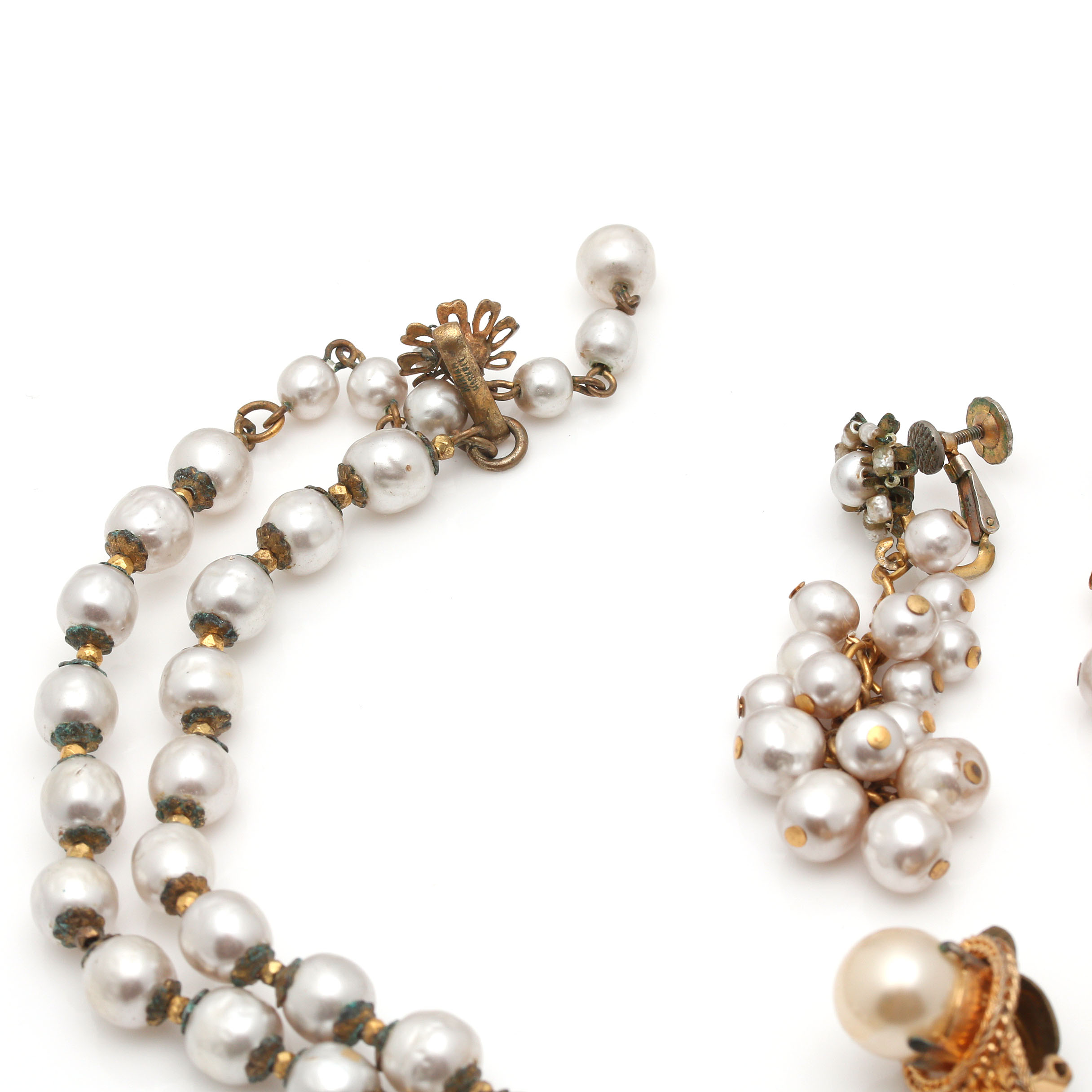 Miriam Haskell Faux Pearl Necklace and Gold Tone Accessories