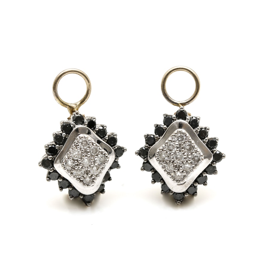 14K White Gold White and Black Diamond Earring Jackets With Yellow Gold Accents