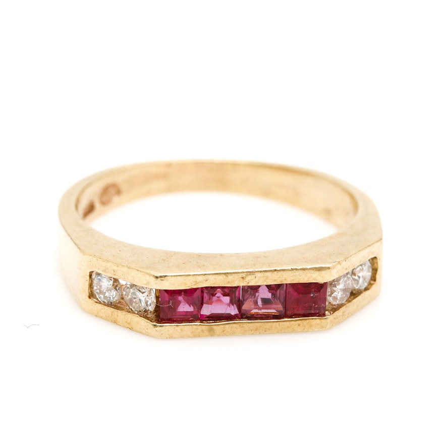 14K Yellow Gold Diamond and Ruby Ring