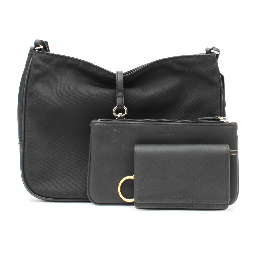 Coach Leather Trimmed Black Nylon Handbag with Accessories