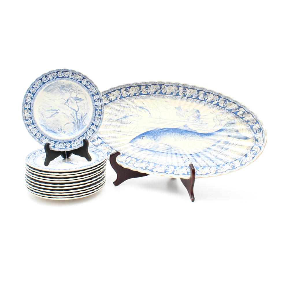 W.T. Copeland & Sons Blue on White Porcelain Fish Service, late 19th Century