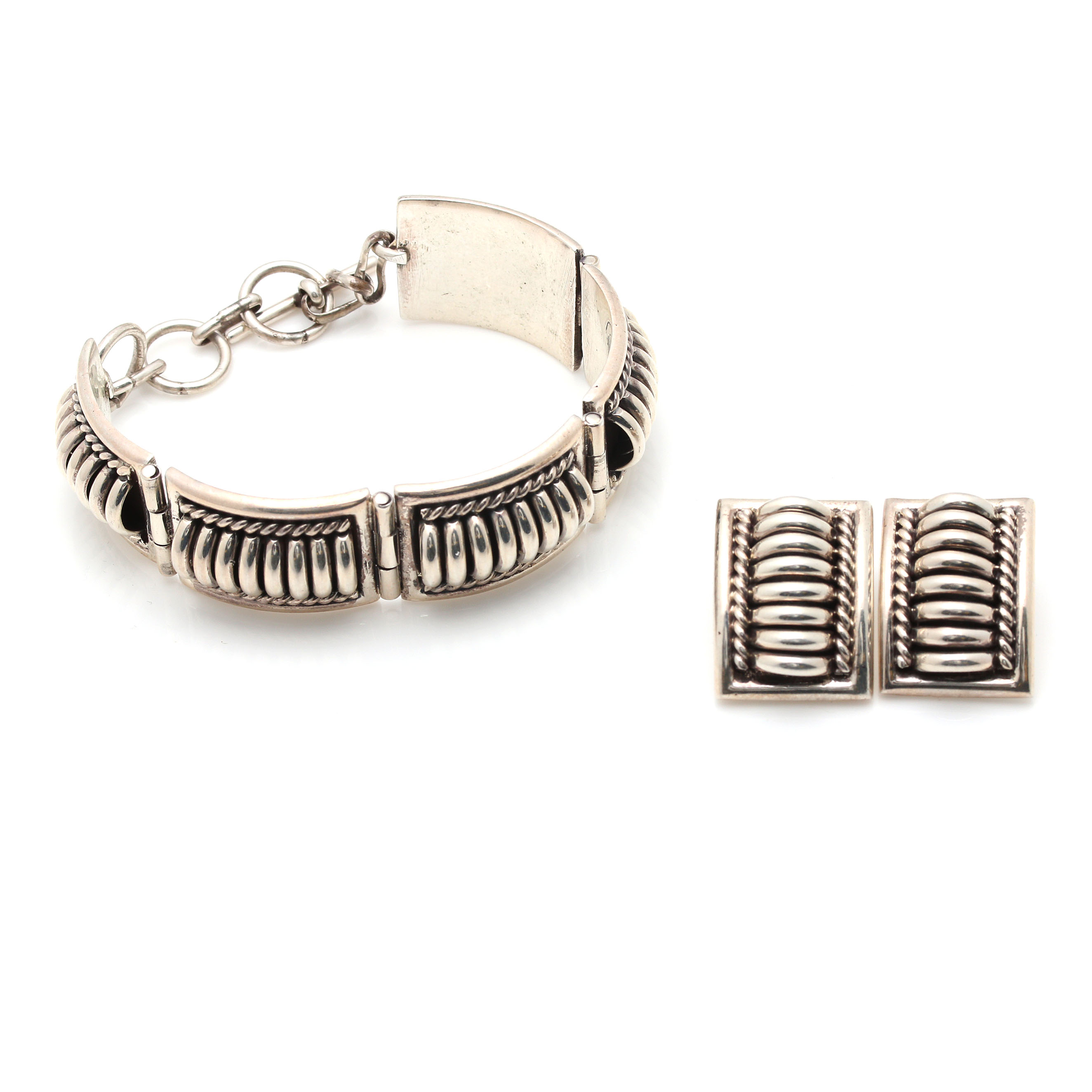 Navajo Artisan Thomas Charley Sterling Silver Earrings and Link Bracelet