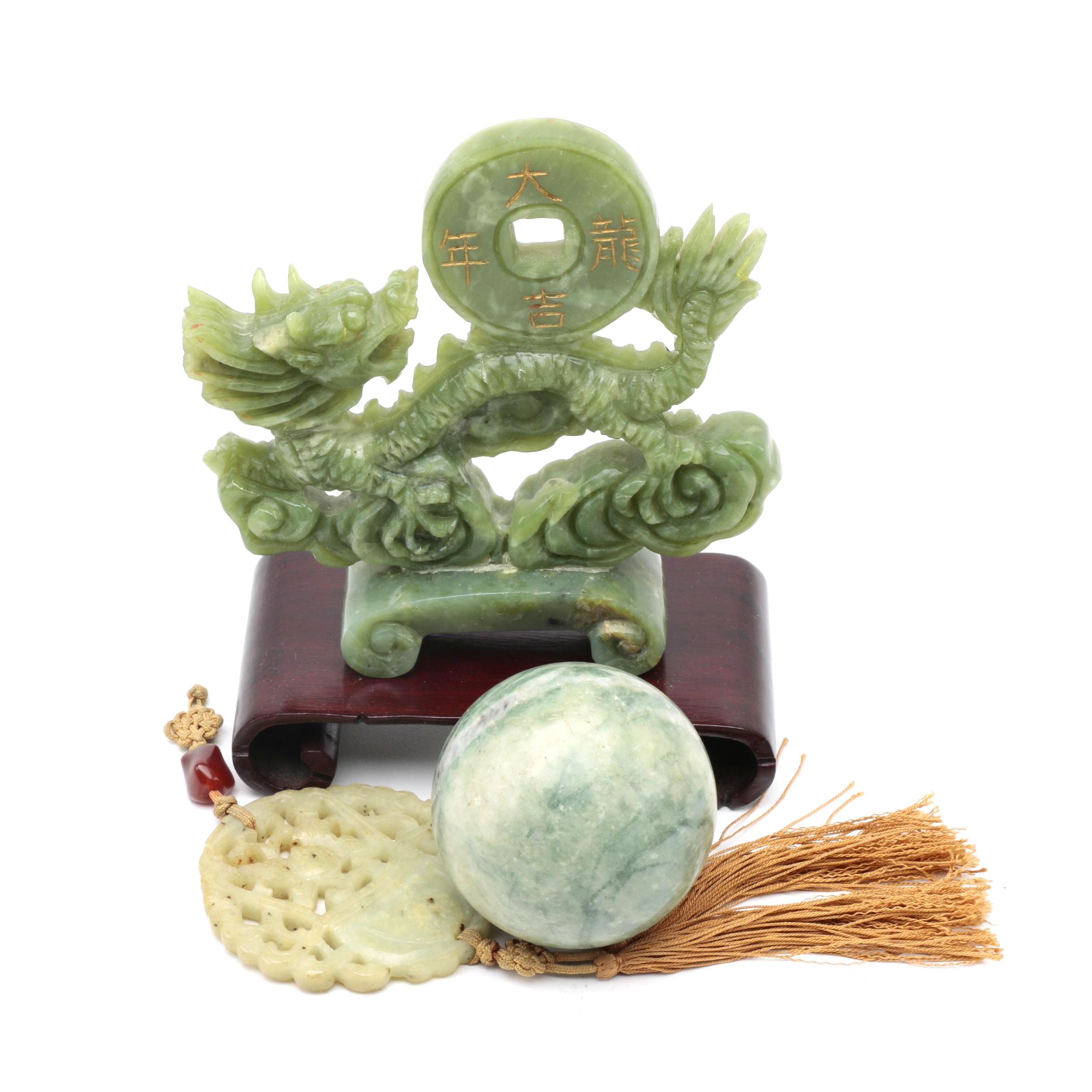 Stone Décor Pieces Including Chinese Dragon and Pendant