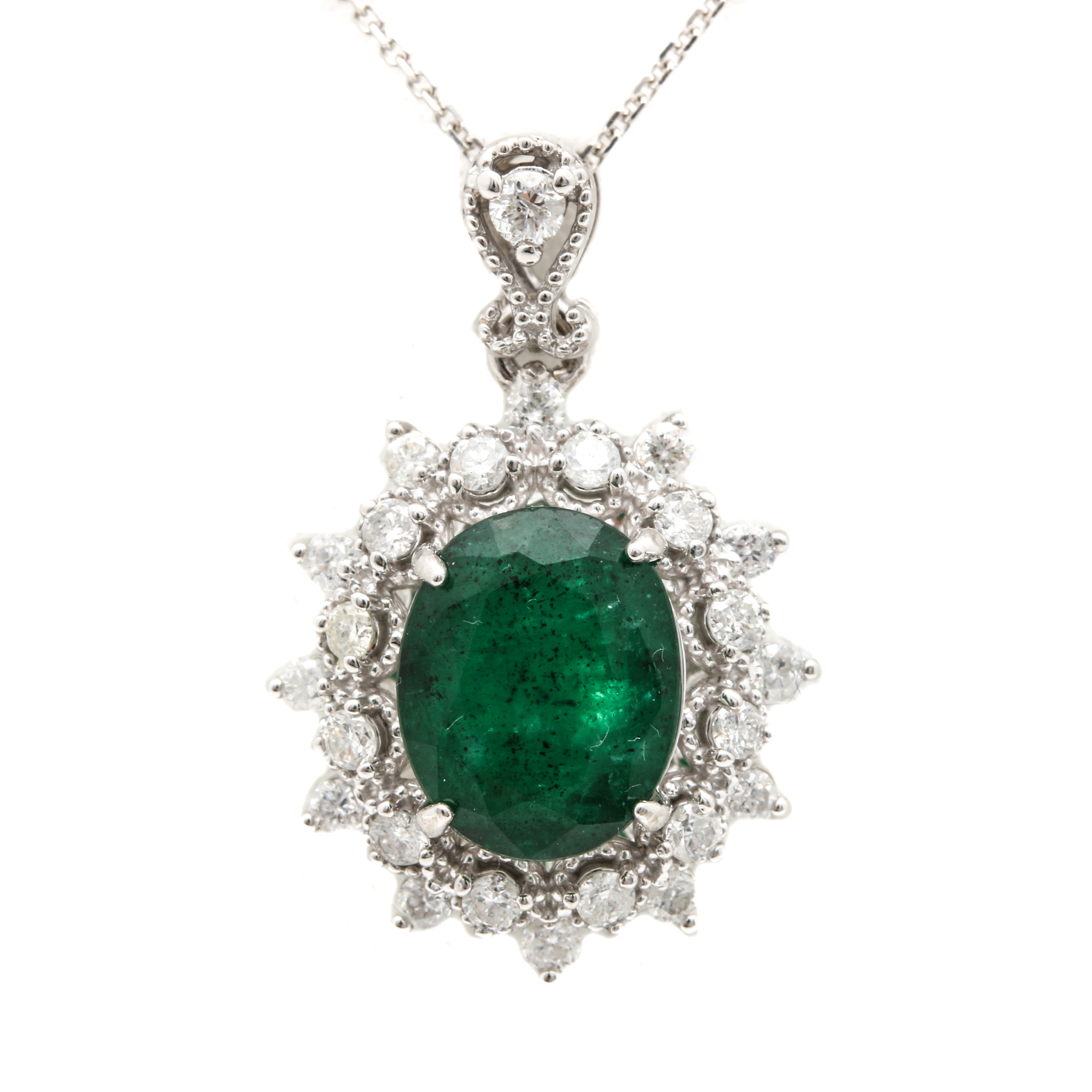14K White Gold 2.12 CT Emerald and Diamond Pendant Necklace