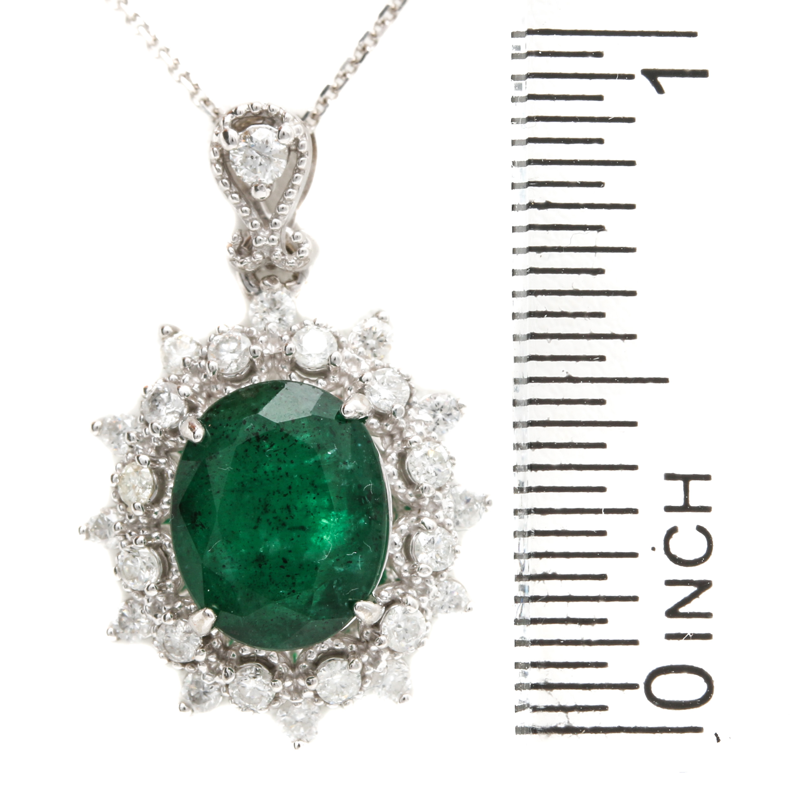 14K White Gold 2.12 CT Emerald and Diamond Pendant Necklace