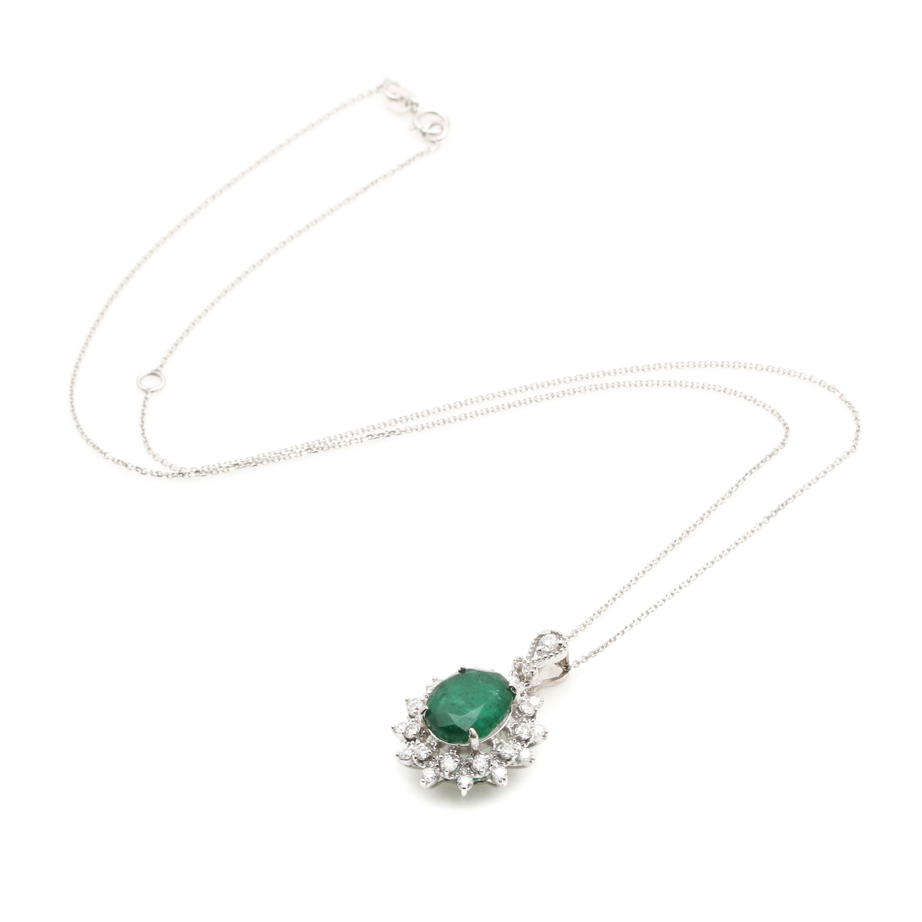 14K White Gold 2.12 CT Emerald and Diamond Pendant Necklace