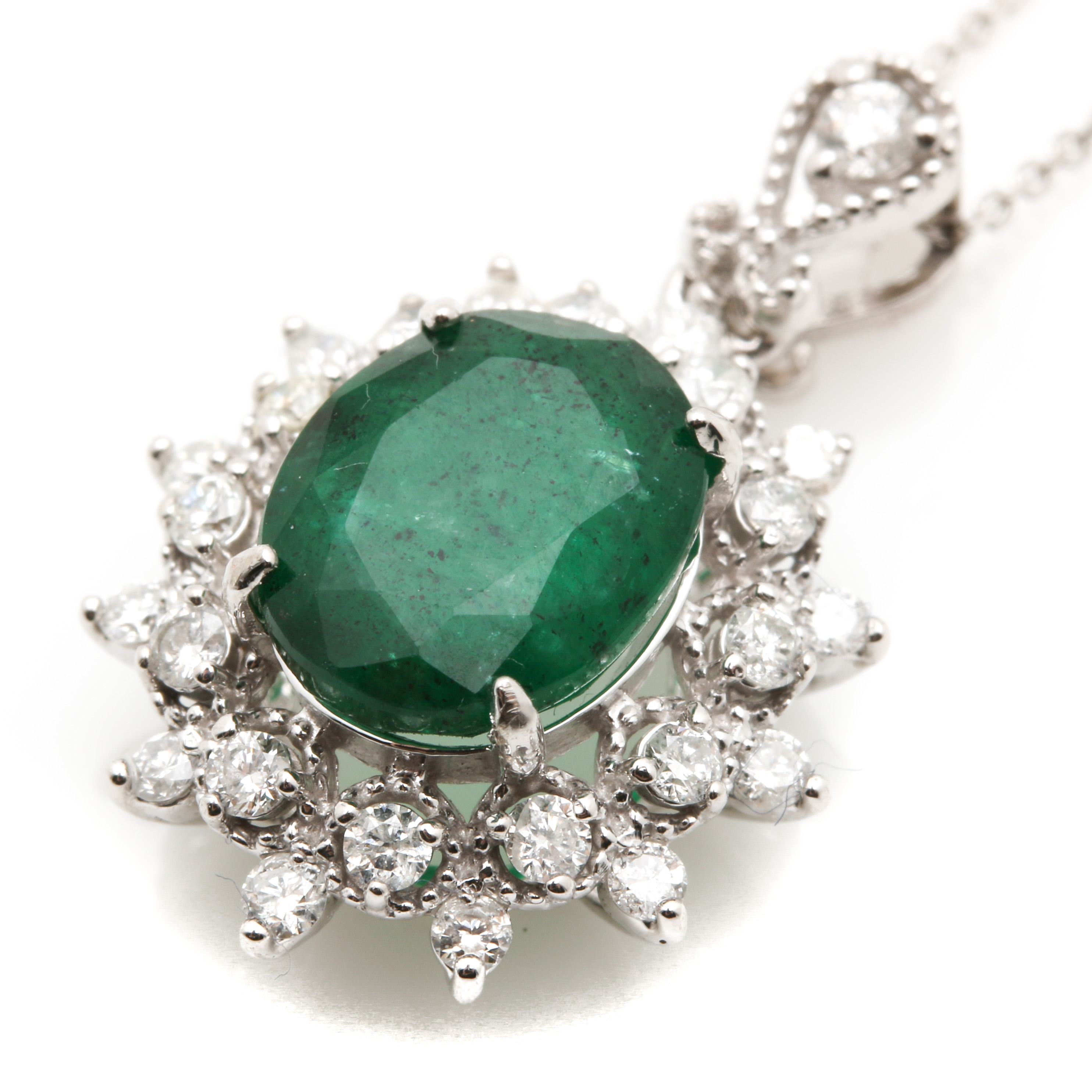 14K White Gold 2.12 CT Emerald and Diamond Pendant Necklace