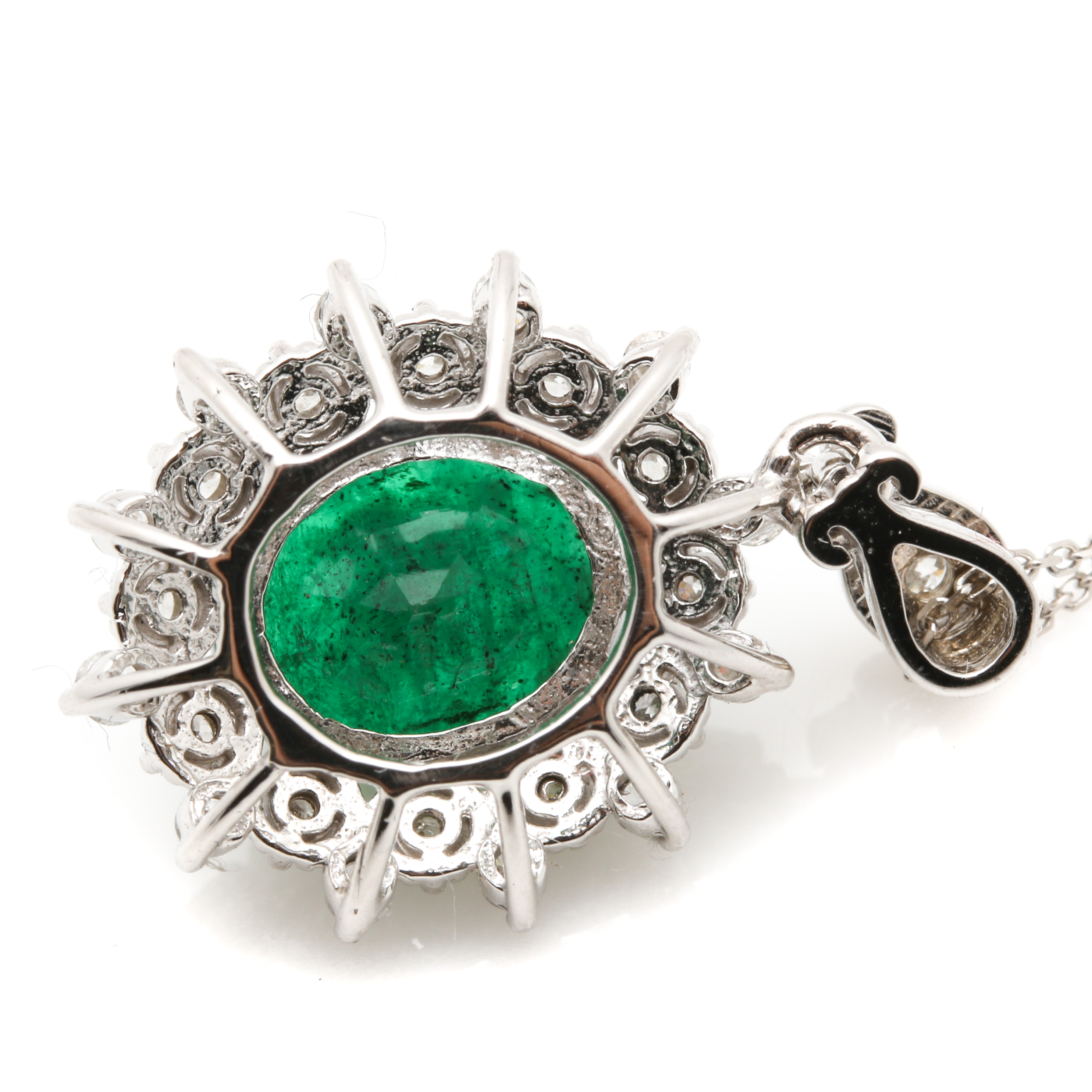 14K White Gold 2.12 CT Emerald and Diamond Pendant Necklace