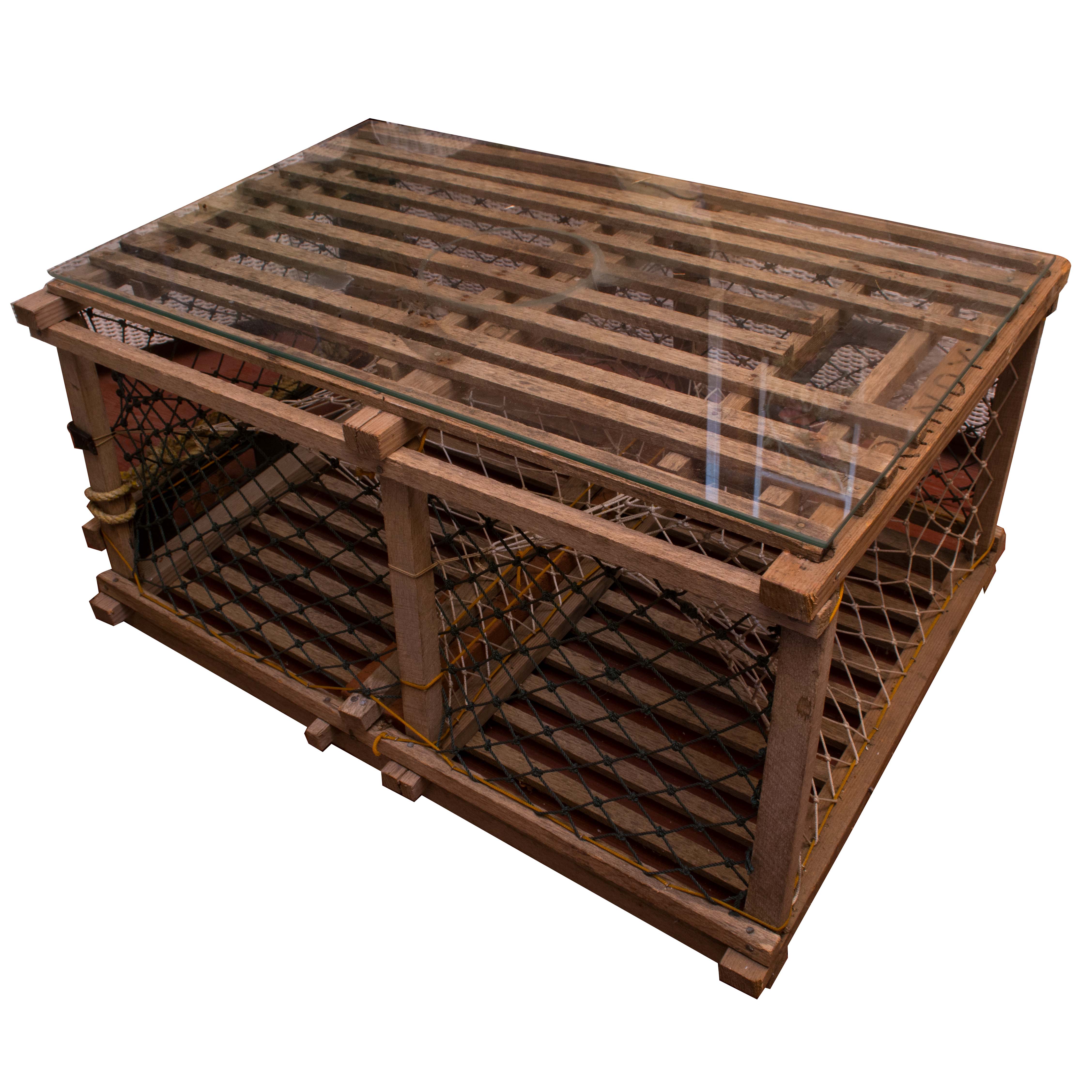 Re-purposed Lobster Trap Glass Top Coffee Table