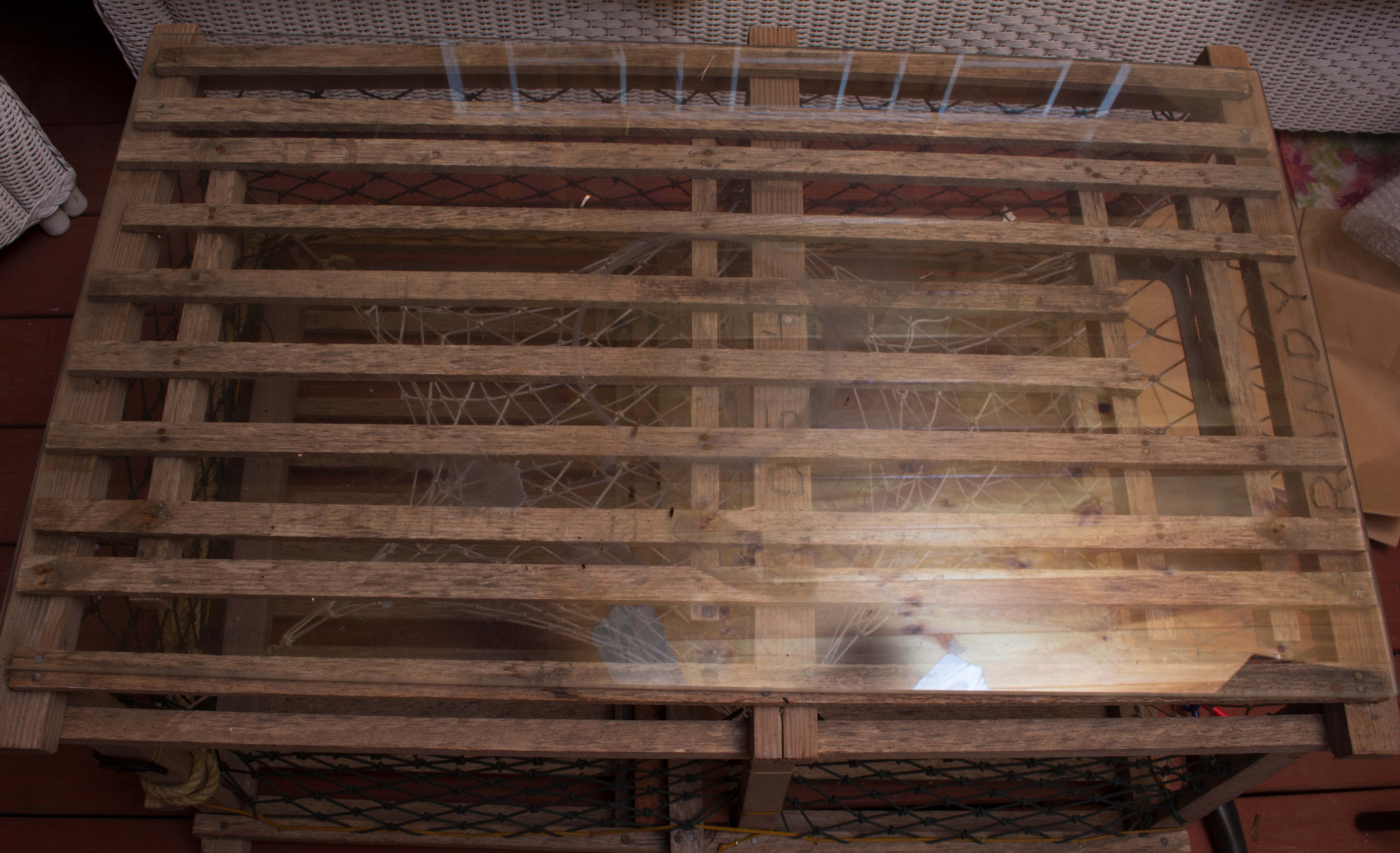 Re-purposed Lobster Trap Glass Top Coffee Table