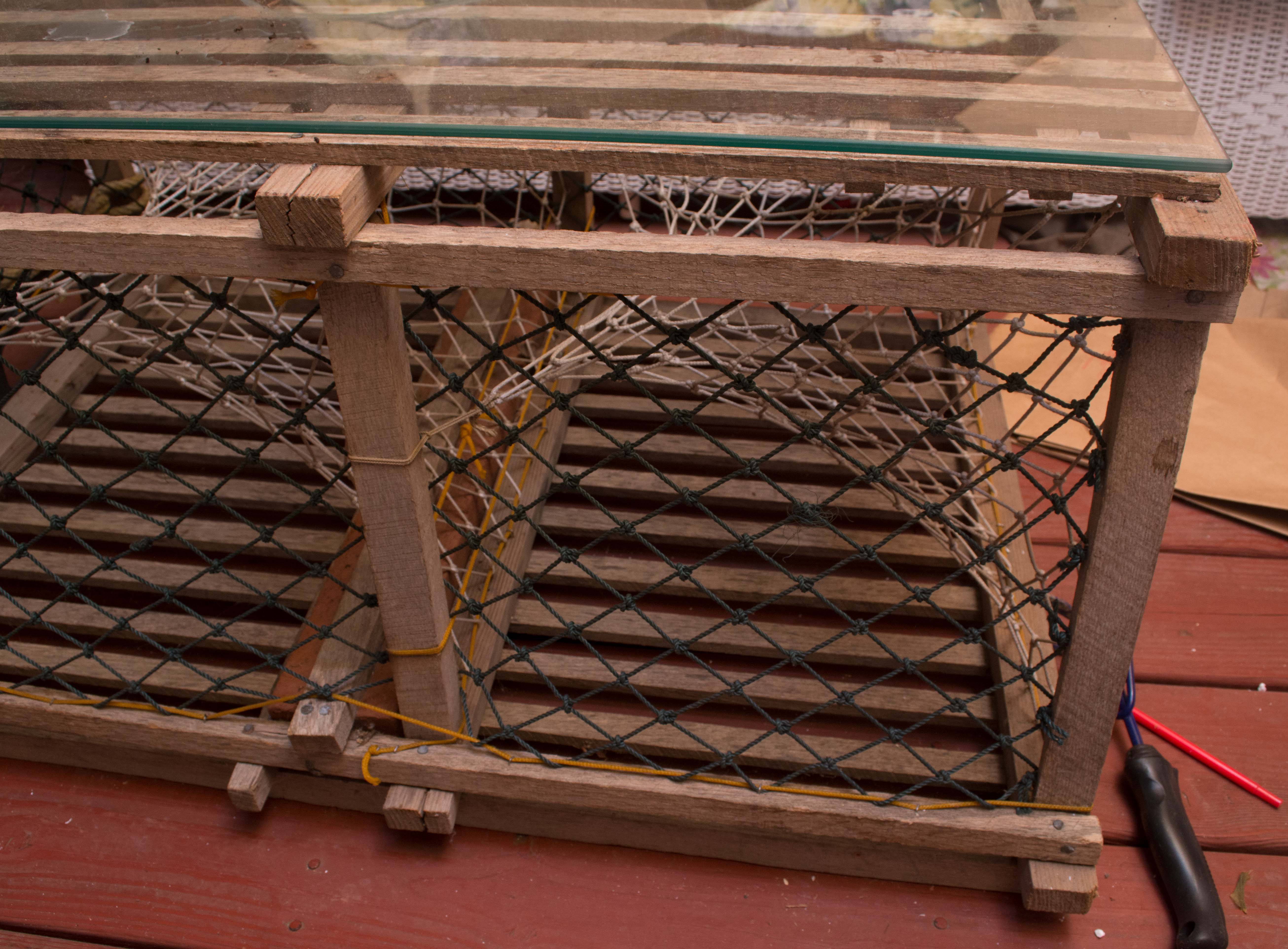 Re-purposed Lobster Trap Glass Top Coffee Table