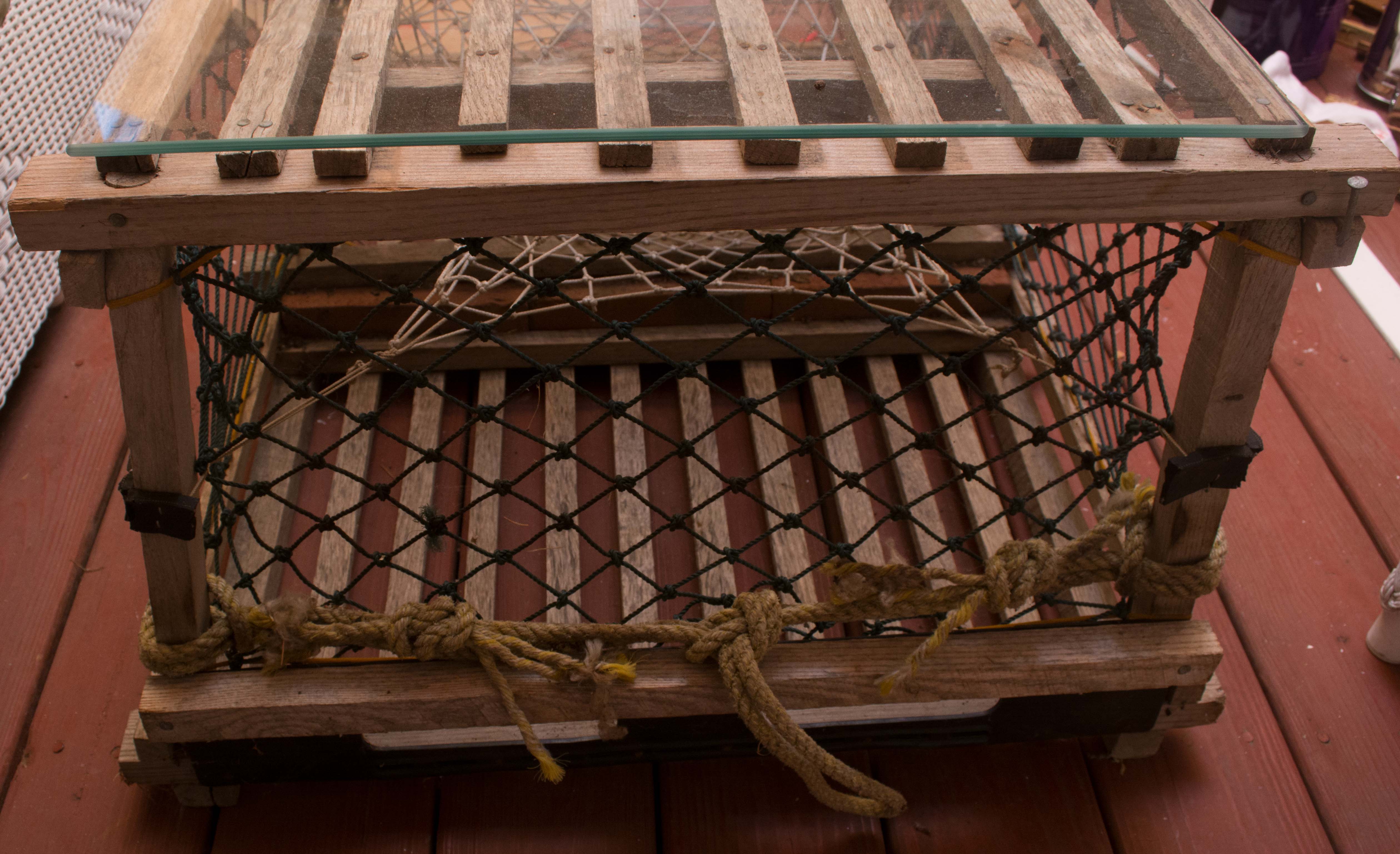 Re-purposed Lobster Trap Glass Top Coffee Table