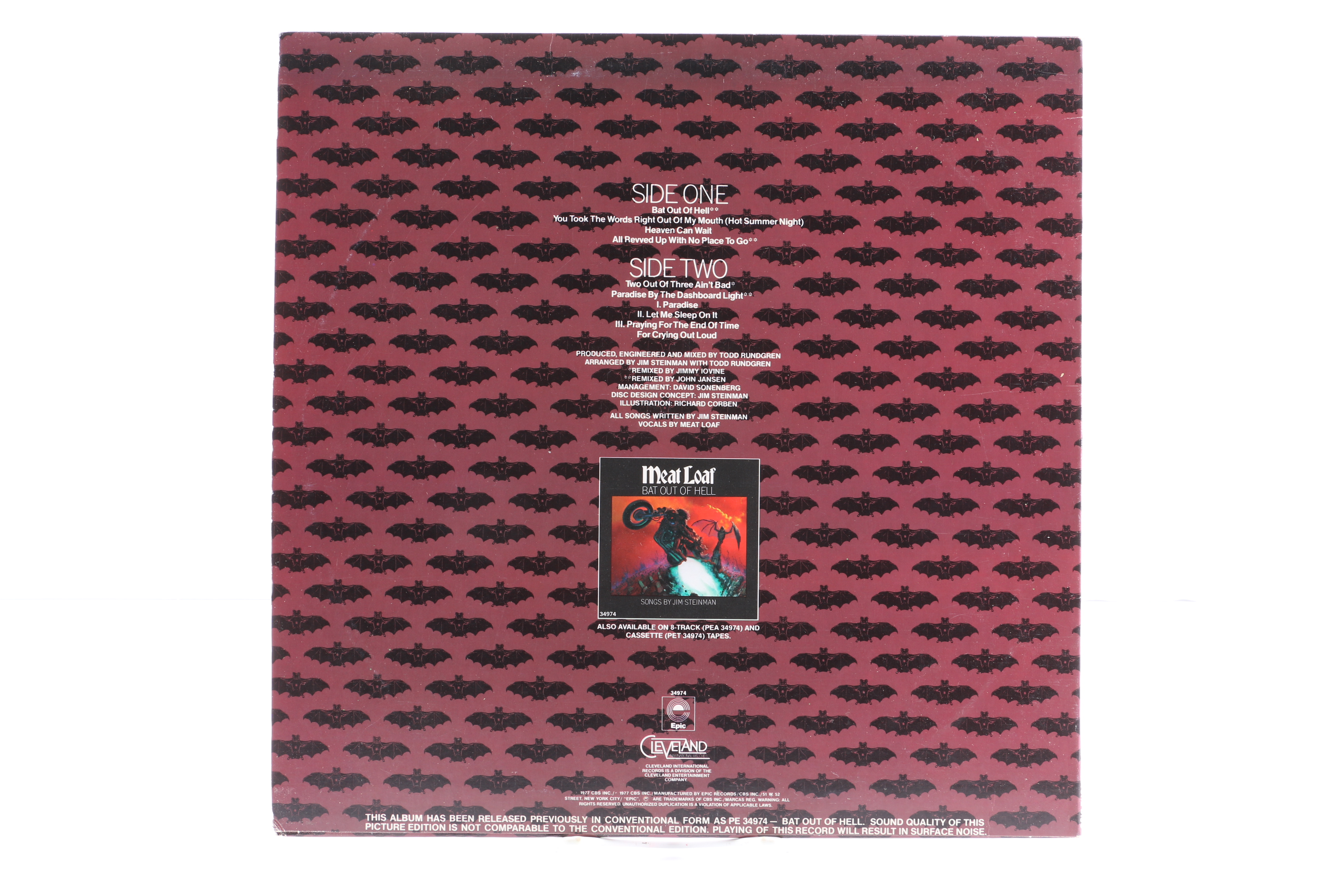 Meat Loaf "Bat Out Of Hell" Limited Edition Picture Disc