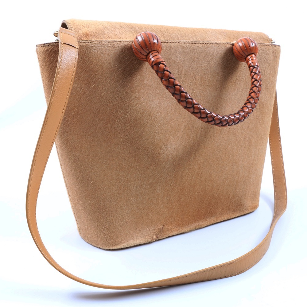 "Escada" Pony Hair Handbag with Brown Leather Braided Handles