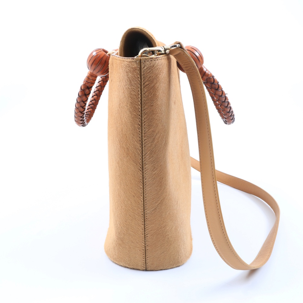 "Escada" Pony Hair Handbag with Brown Leather Braided Handles