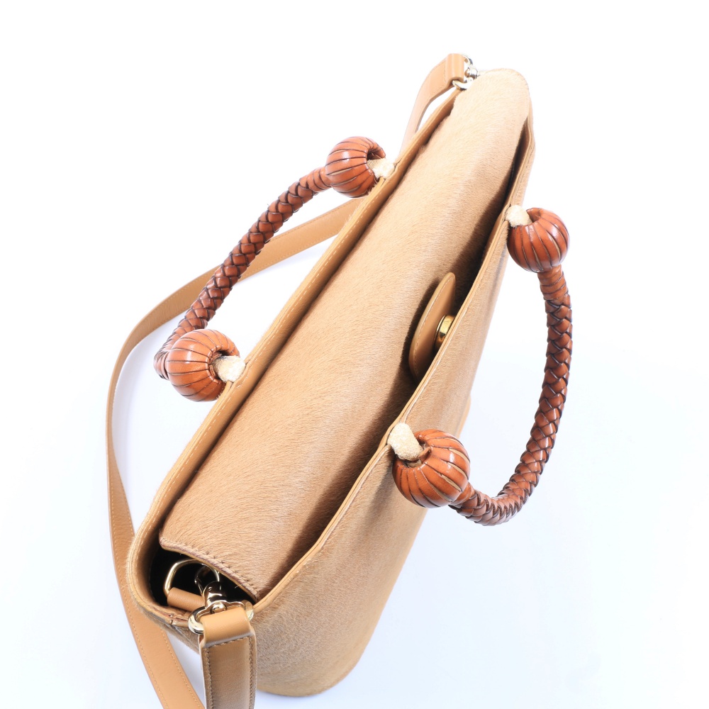 "Escada" Pony Hair Handbag with Brown Leather Braided Handles