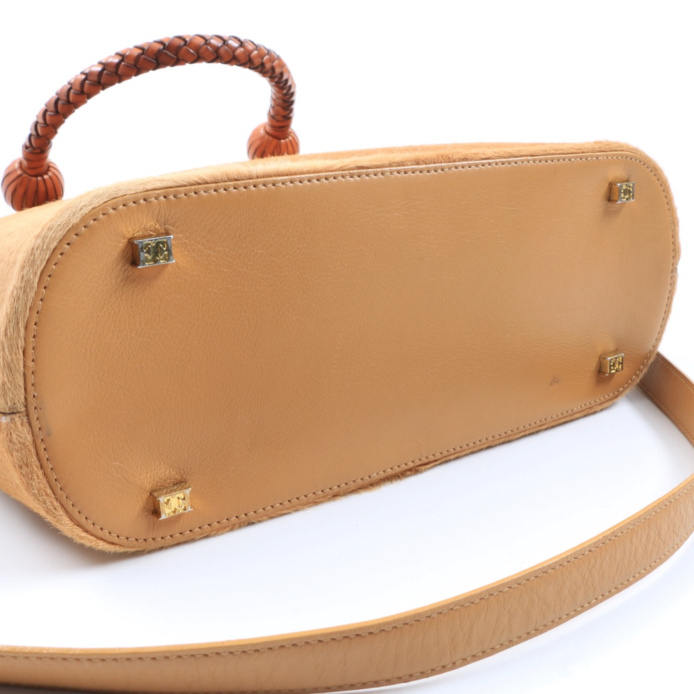 "Escada" Pony Hair Handbag with Brown Leather Braided Handles