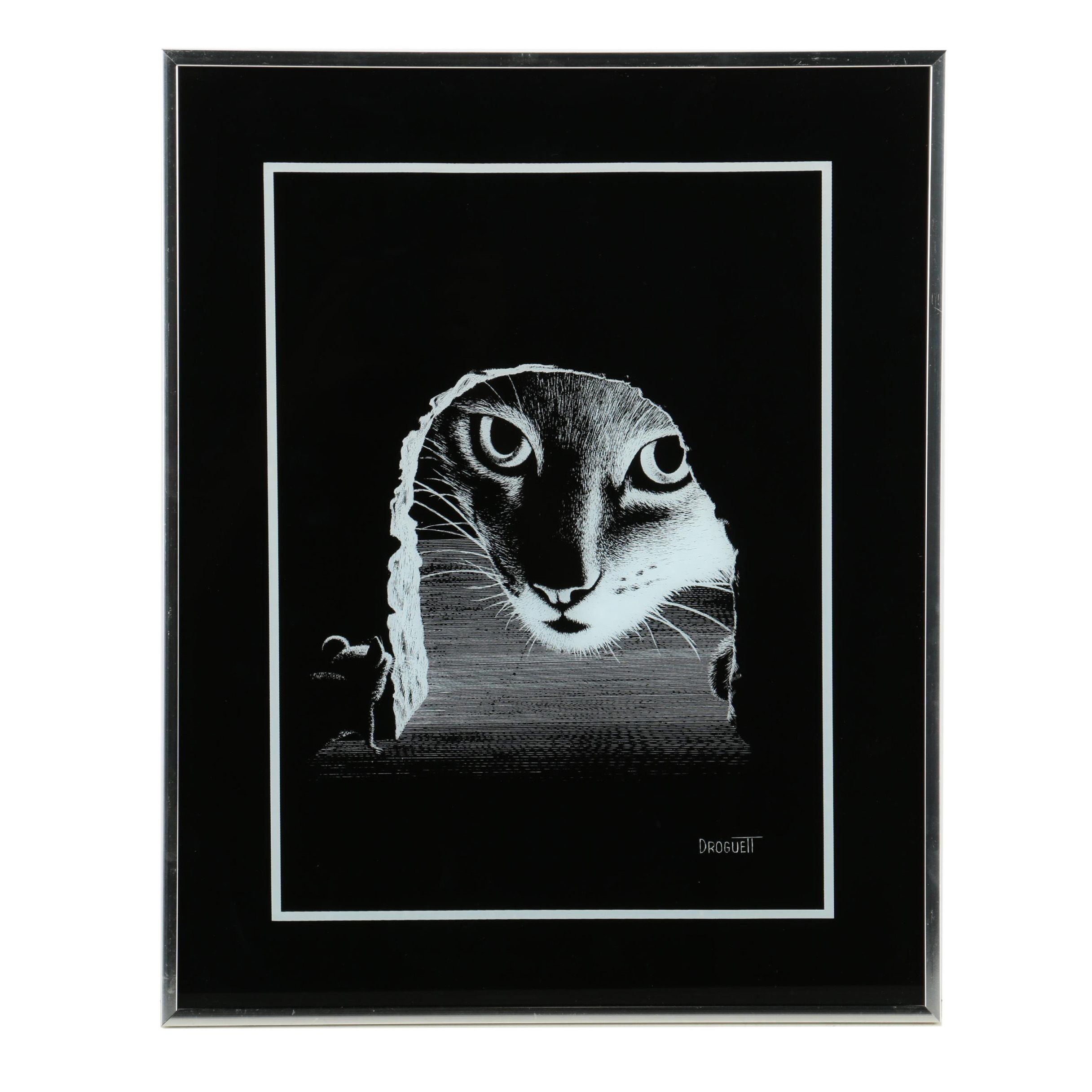 Rudy Droguett Scratch Board-Style Lithograph "Cat and Mouse"