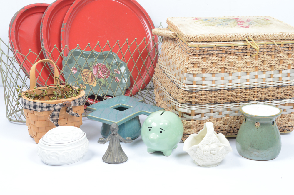 Home Decor Featuring Globe and Vintage Sewing Basket