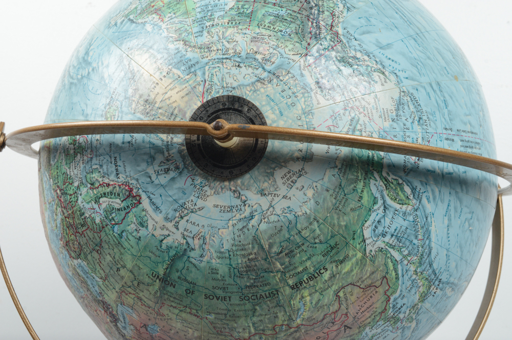 Home Decor Featuring Globe and Vintage Sewing Basket