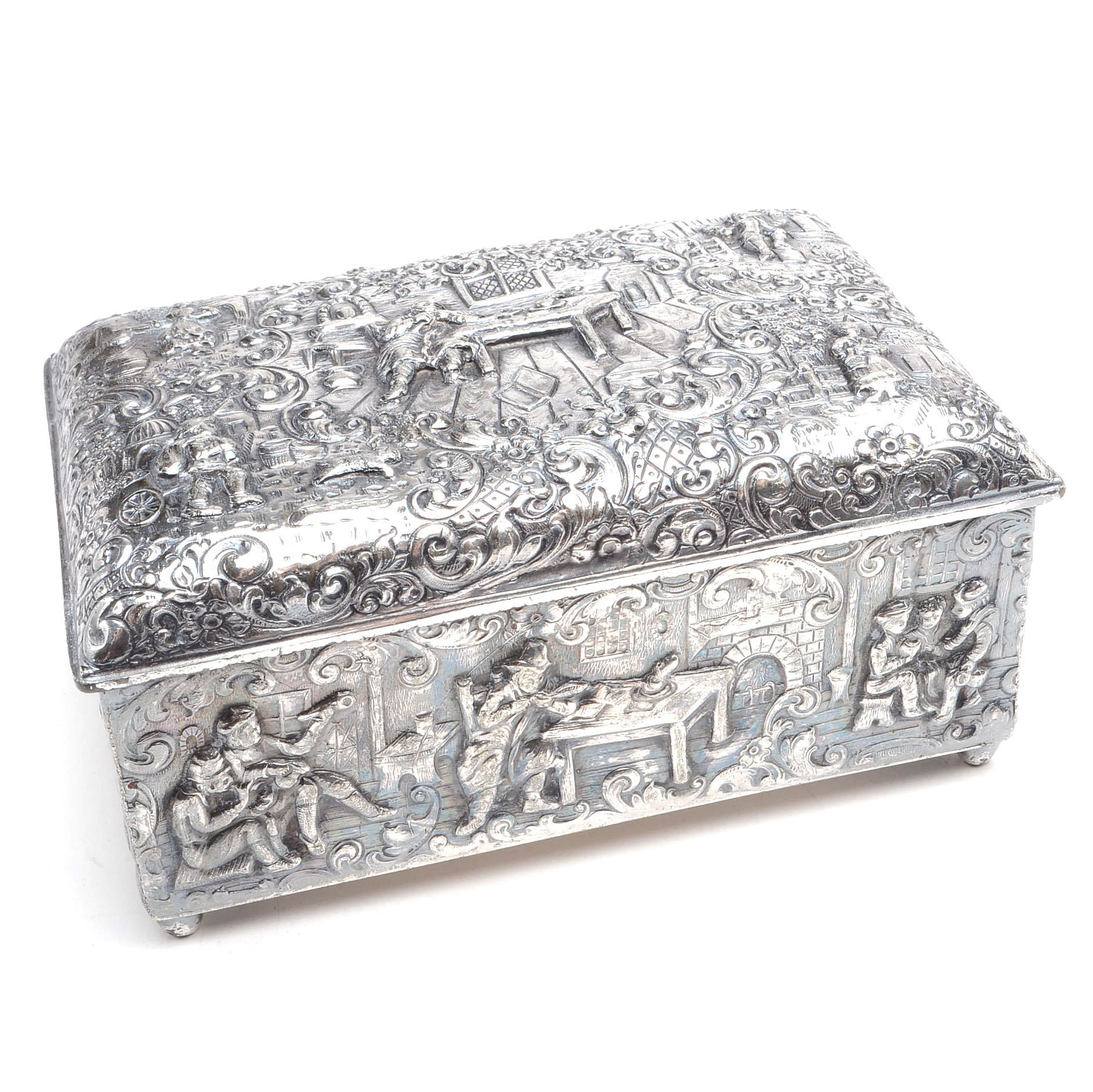 Early 20th Century Barbour Silver Plate Cigarette Box With Dutch Designs